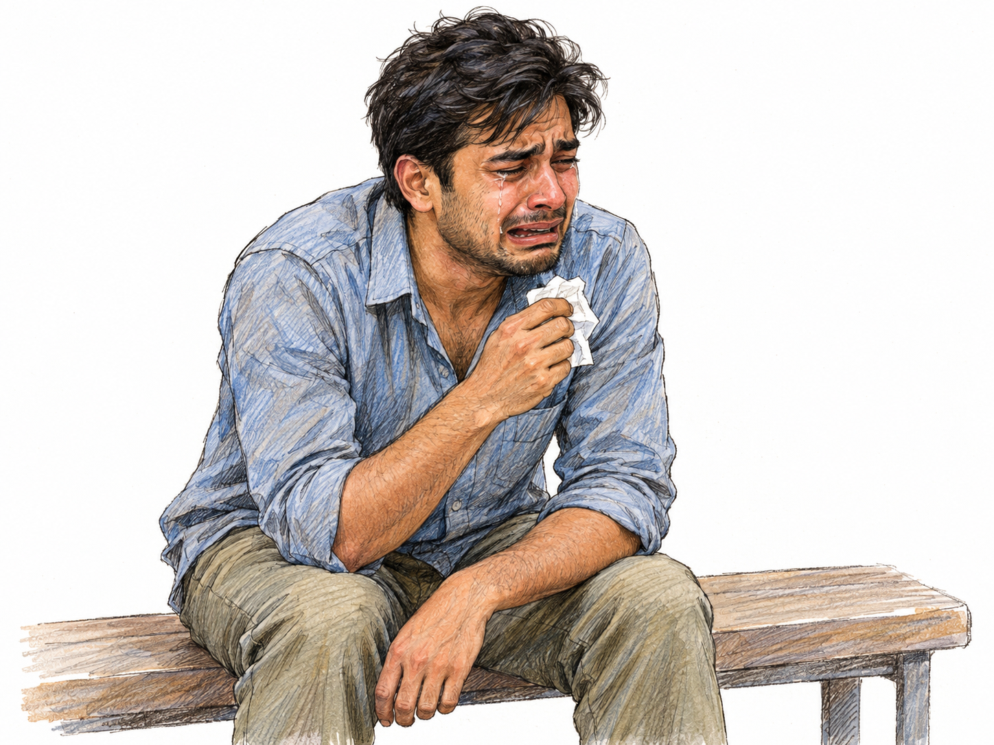 A young adult South Asian man sits on a plain bench, sobbing into a tissue, with tearful eyes, a trembling open mouth and hunched, heaving shoulders conveying interrupted breaths.