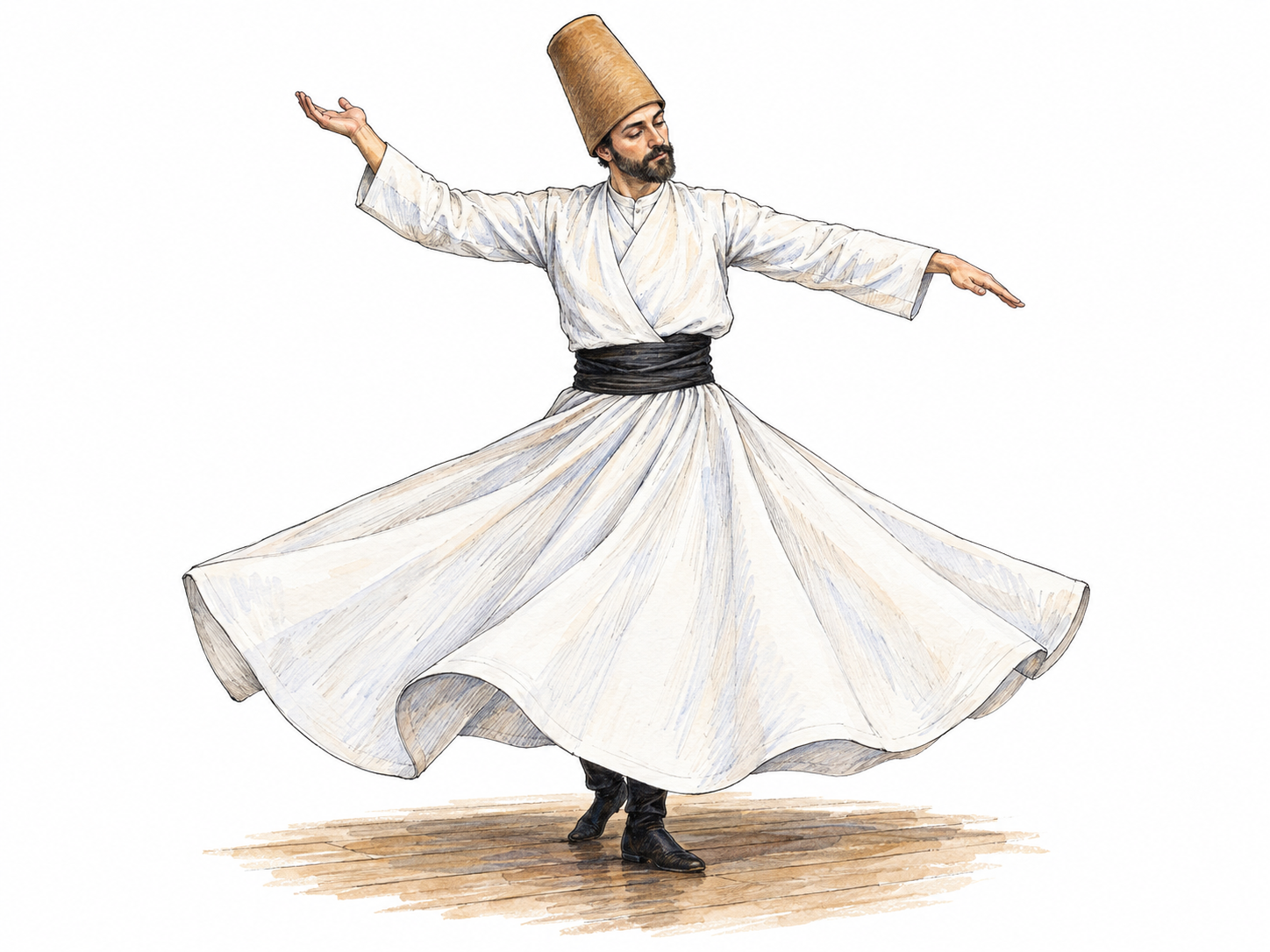 A Mevlevi dervish performing the recognizable whirling devotional practice, with tall felt hat, white spreading robe, and traditional opposing palm positions.