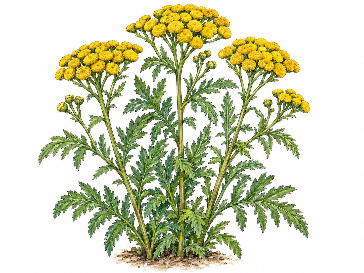 A botanically recognizable tansy plant with upright leafy stems and dense, flat-topped clusters of small golden-yellow button flower heads, shown clearly without people or extraneous scenery.