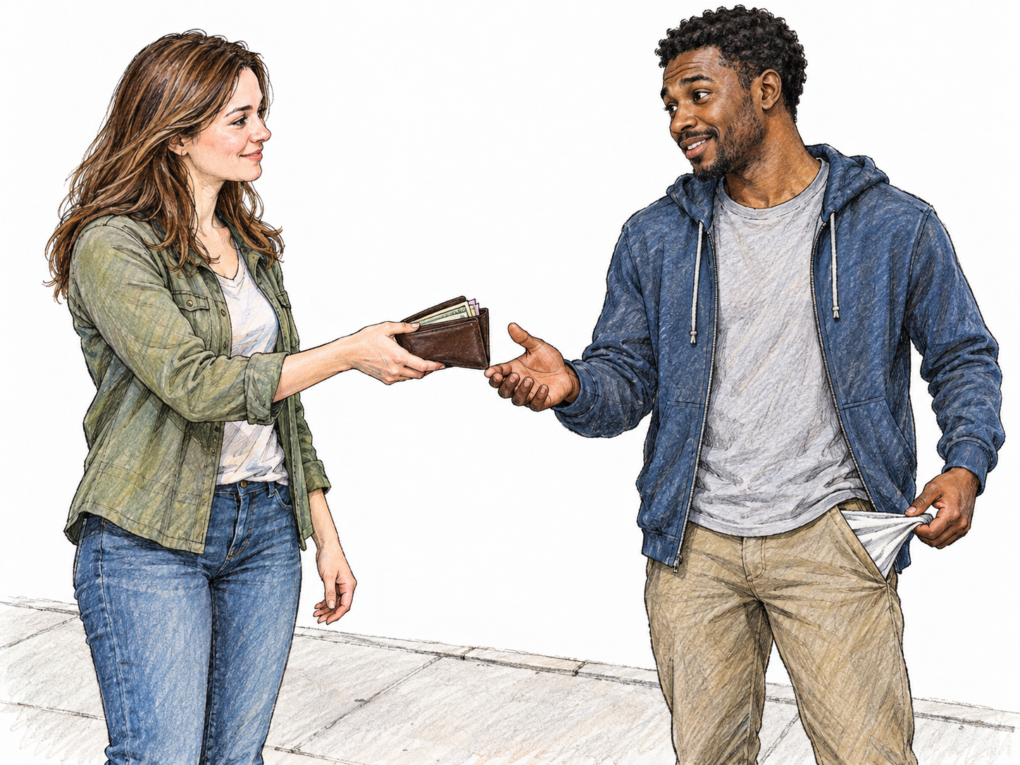 A woman returns a cash-filled wallet to a man who is checking his empty pocket, showing honest and considerate behavior toward another person.