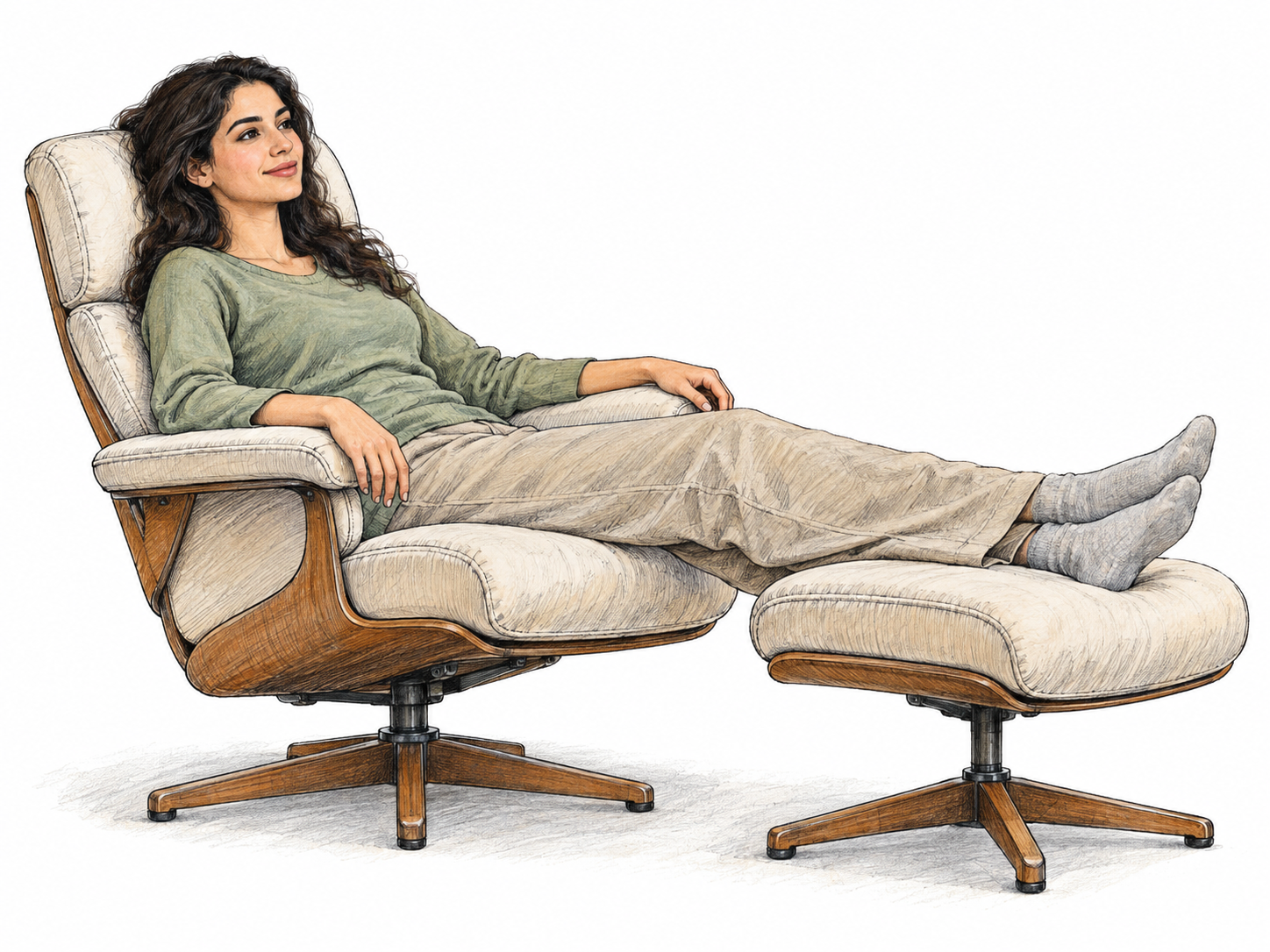 A comfortably reclining woman rests in a supportive lounge chair, her entire body loose and unstrained, expressing ease through visibly effortless physical comfort.