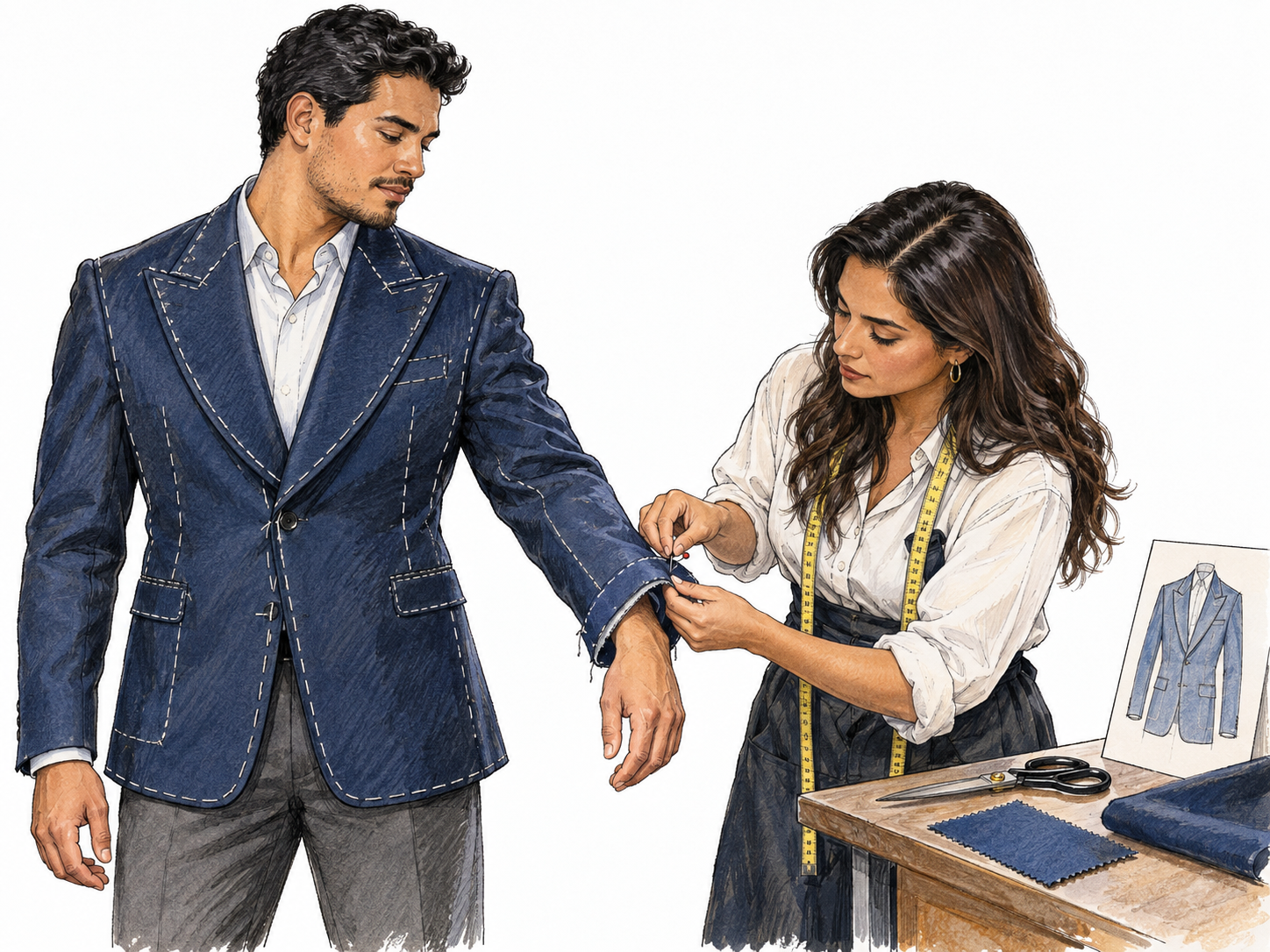 A clothing designer pins the unfinished sleeve of an elegant custom jacket directly on its wearer.