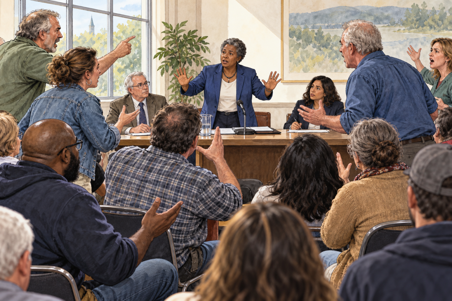 A public meeting erupts in controversy, many adults stand with animated angry gestures while a chairperson tries to calm them, no signs or text.