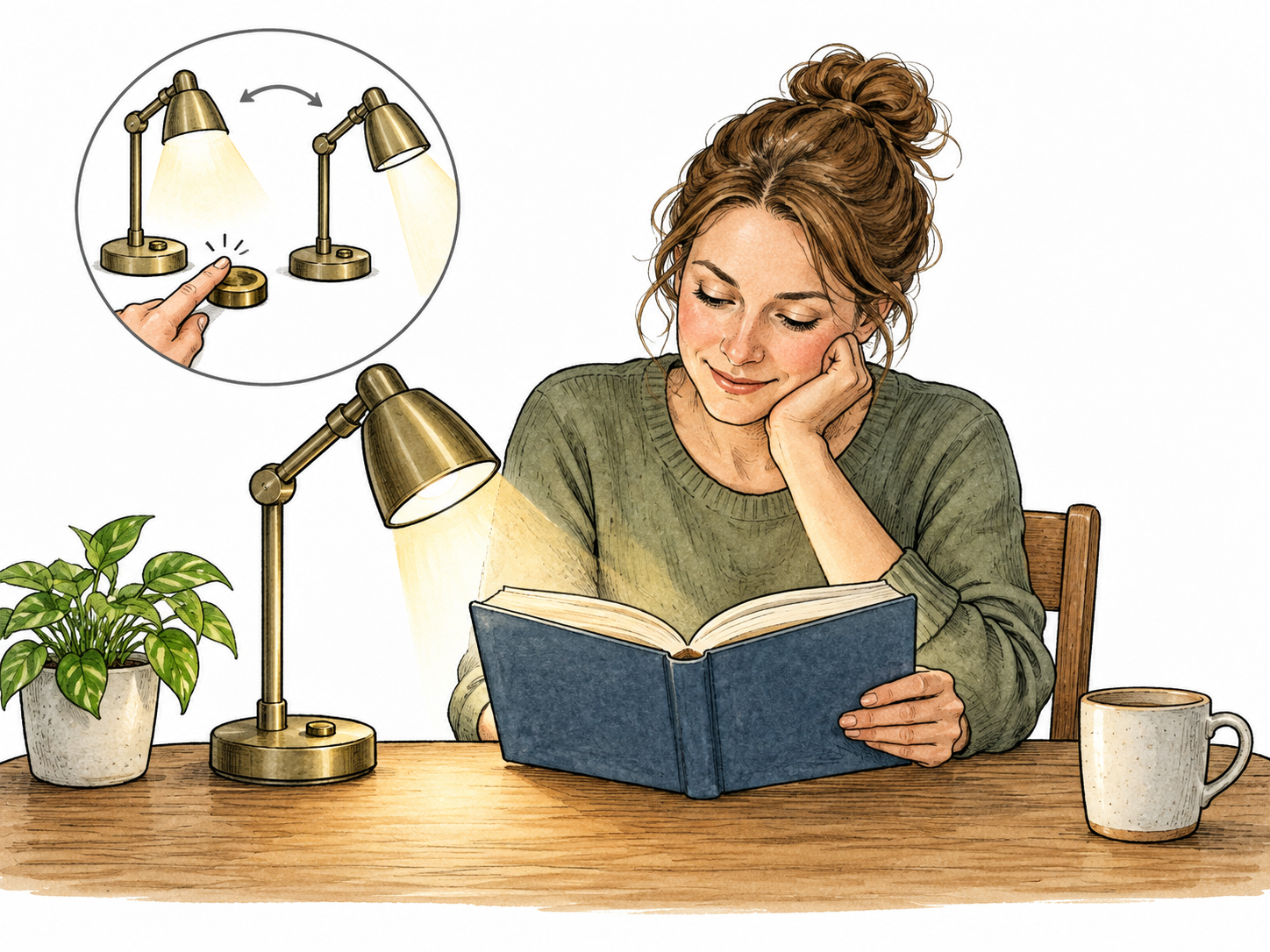 An adult switches a small desk lamp between a broad general light position and a focused reading position using one simple selector; show current focused reading mode with book blank.