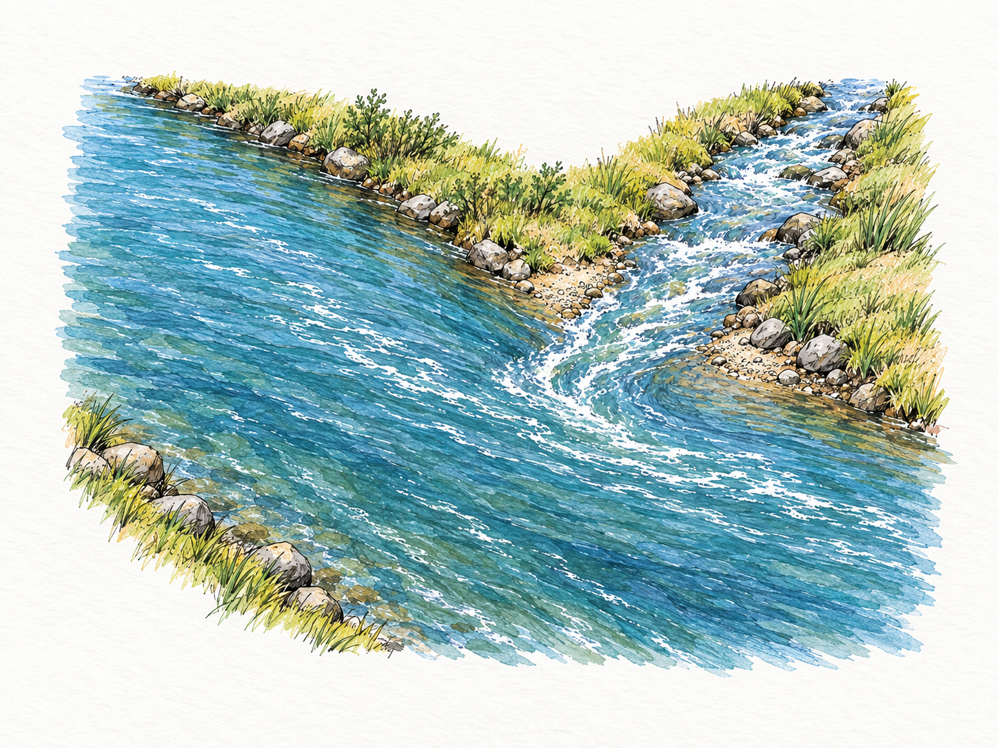 An elevated view of a narrow stream joining a much wider river, with natural current streaks visibly merging downstream rather than branching apart.