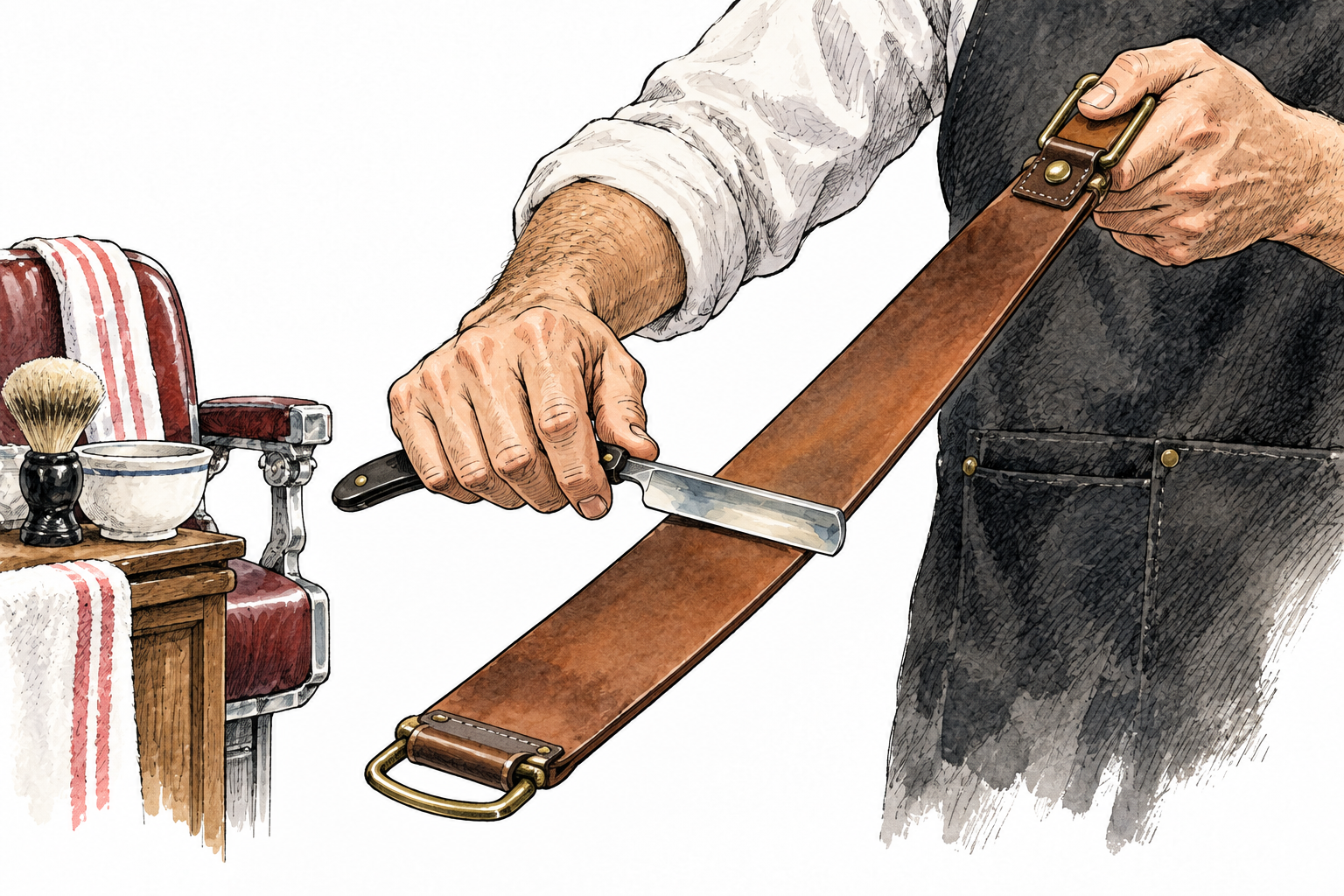 Traditional barber draws straight razor flat along taut leather sharpening strop; hands anatomically coherent.