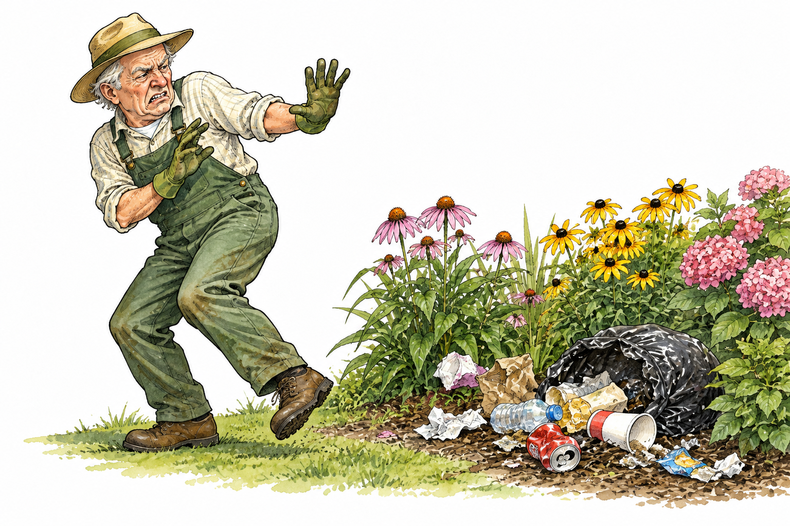 Older white gardener recoils with intense dislike from litter dumped among flowers.