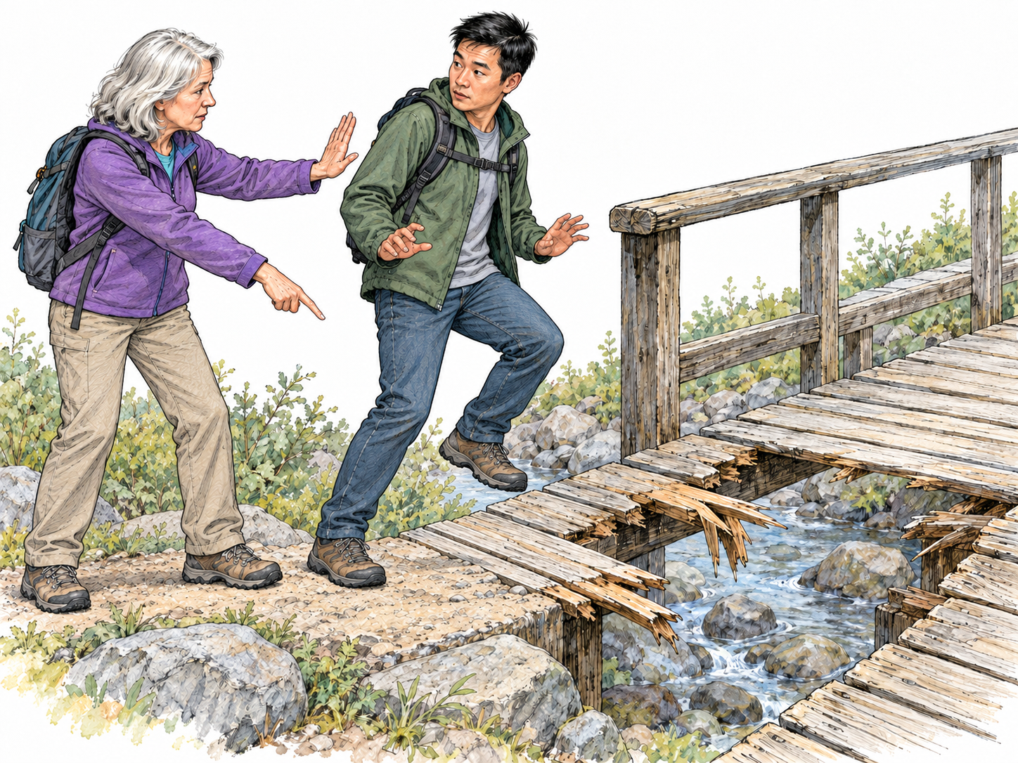 A young man visibly responds to an older woman's warning about a broken footbridge: her raised stop palm and pointing finger direct his attention to missing boards, while he withdraws his leading foot and shifts back toward safe ground.