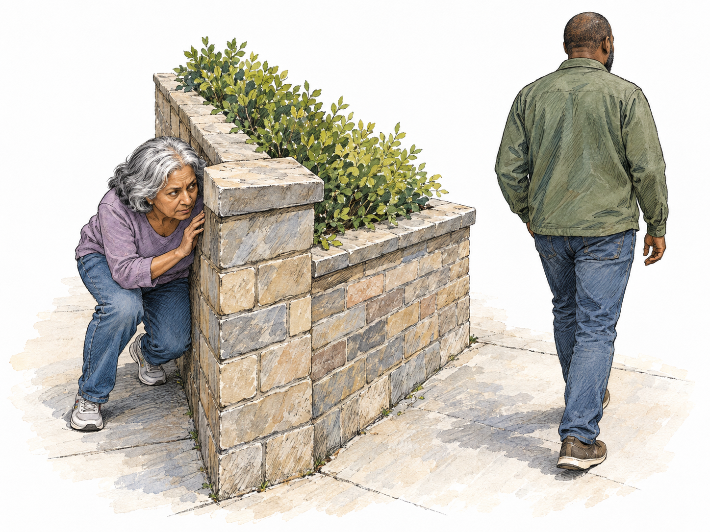 An older woman slips along the concealed side of a garden wall, crouching and peering around its corner at a passerby facing away.