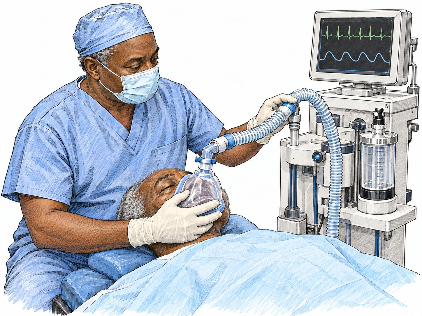 Depict the completely unconscious branch of the frozen meaning: an older man under general anesthesia, with closed eyes, relaxed facial muscles, and a supported, motionless body beneath a surgical drape.