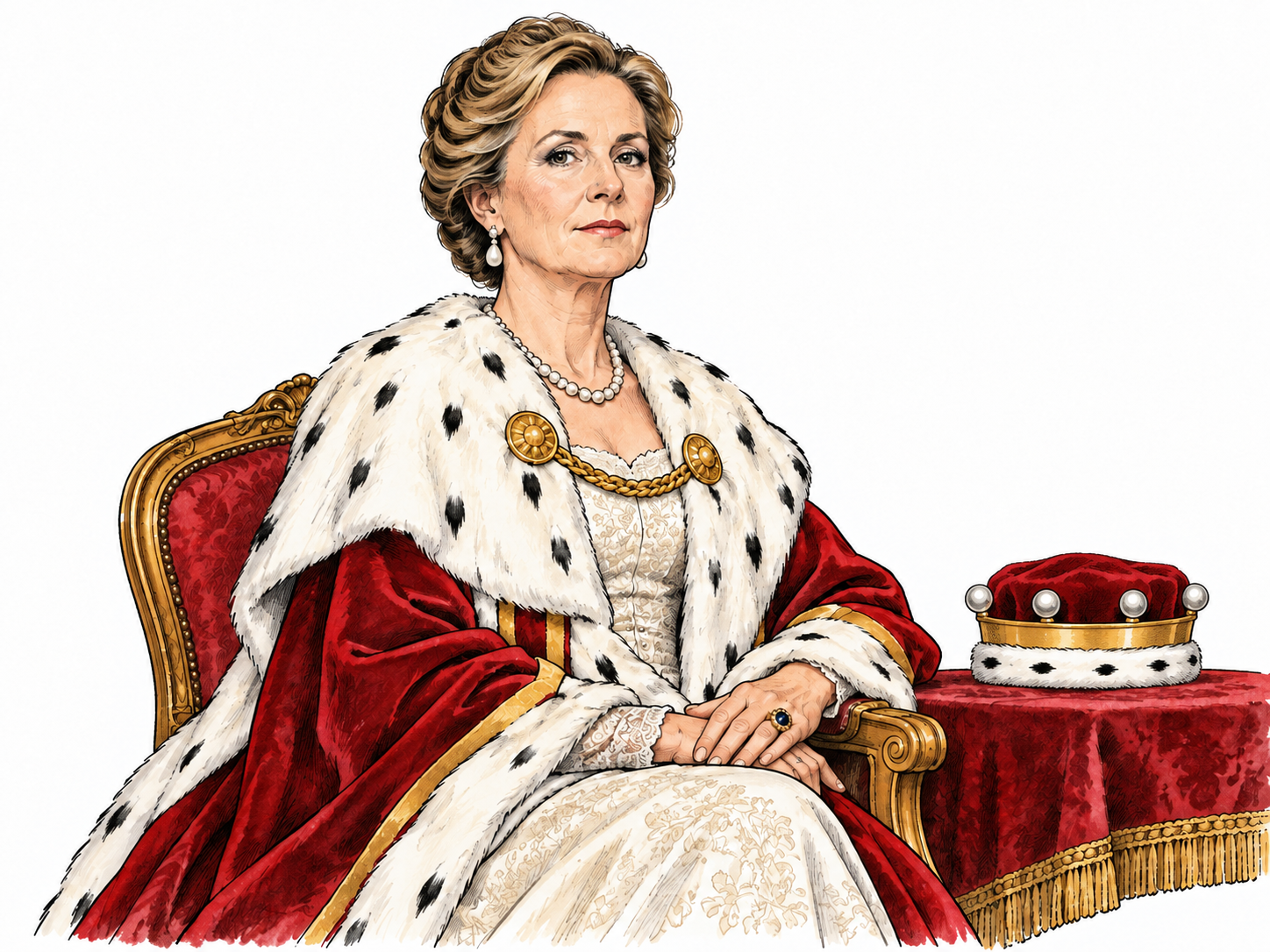 A British baroness in formal peeress robes sits for a dignified portrait beside a restrained coronet, historically plausible ceremonial dress.