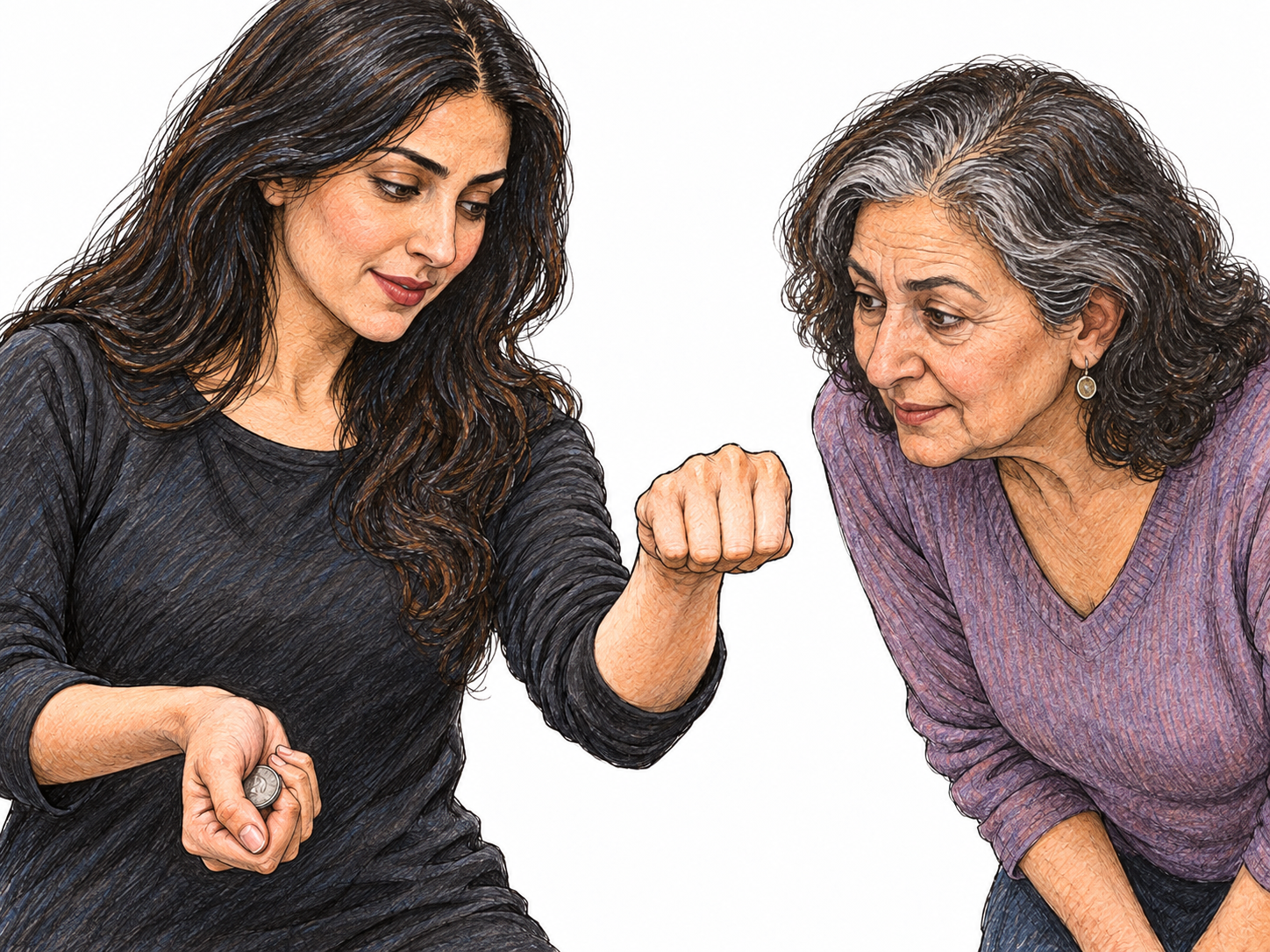 A close-up coin magician misdirects a spectator toward an apparently coin-filled fist while secretly retaining the coin in her other hand.