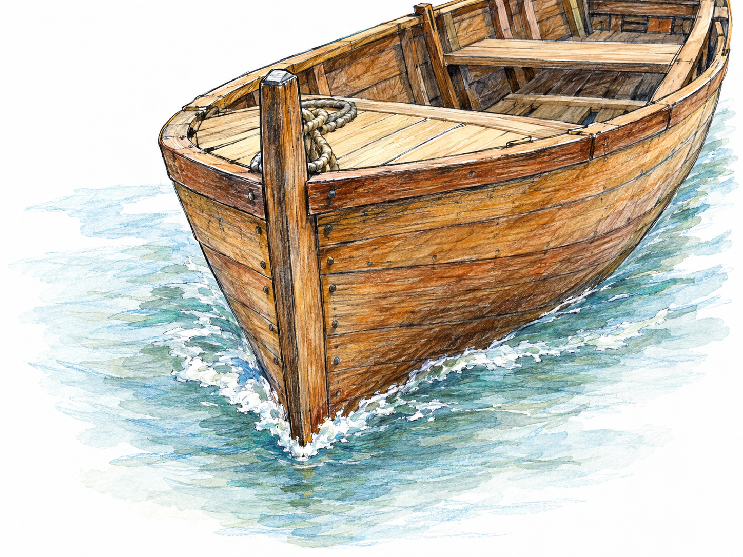A close three-quarter view of a boat’s pointed front cutting through water, with the prow dominant and the hull extending back behind it.