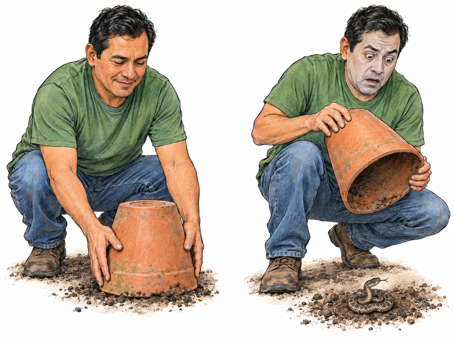 A text-free two-moment sequence shows the same man lifting a garden pot, then blanching when he discovers a coiled snake beneath it.