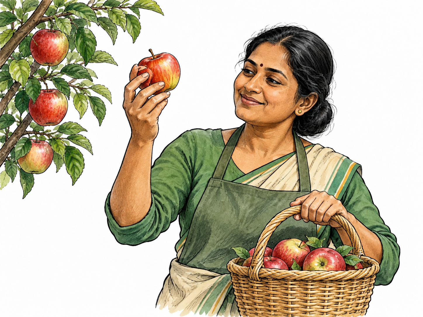 A gardener carefully examines a ripe apple, comparing its color and firmness before placing it in a ready basket, visibly judging it acceptable.