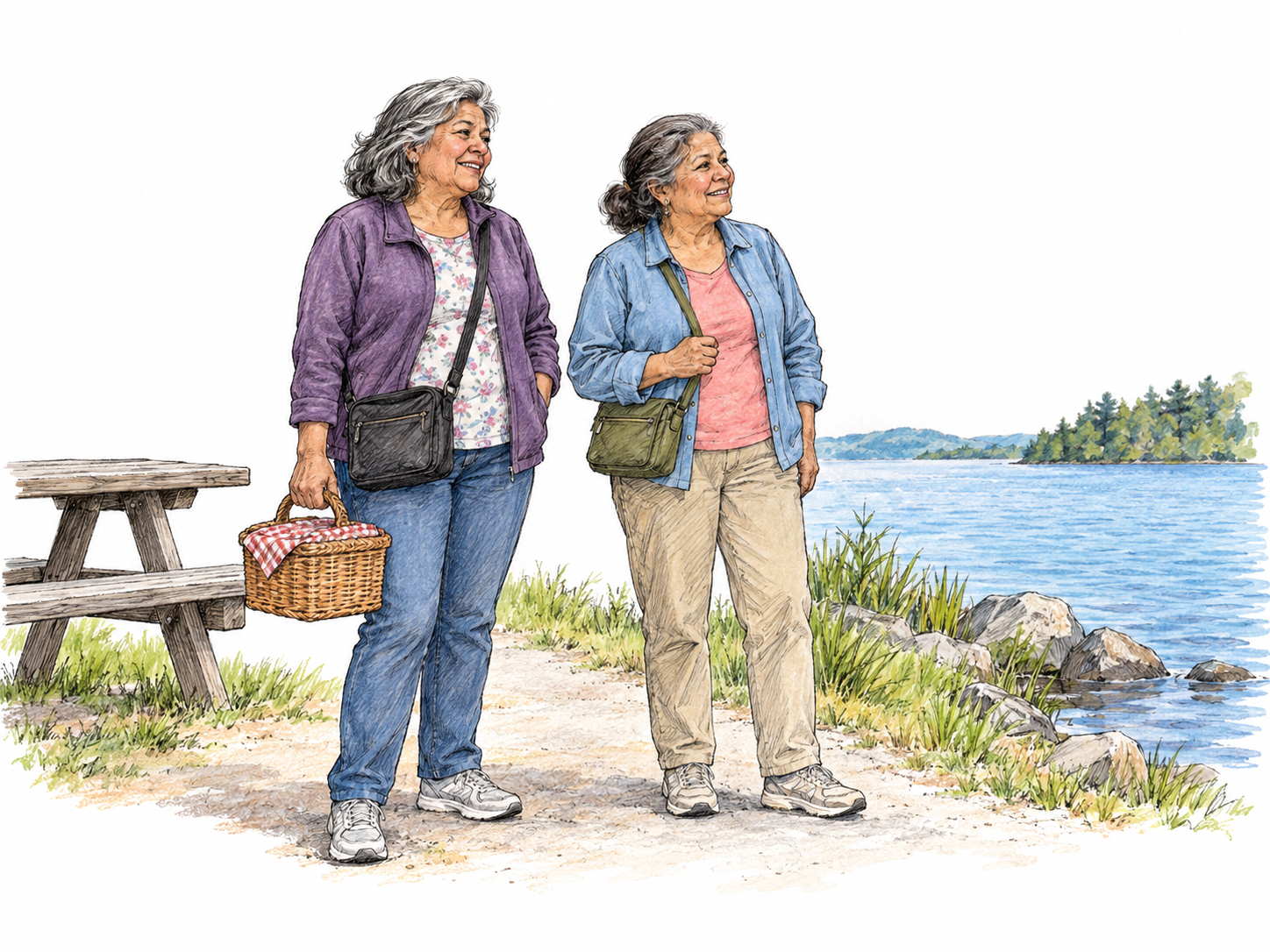 Two older Latina women enjoy a short outing to a lakeside picnic spot, carrying small day bags and pausing together to admire the water.