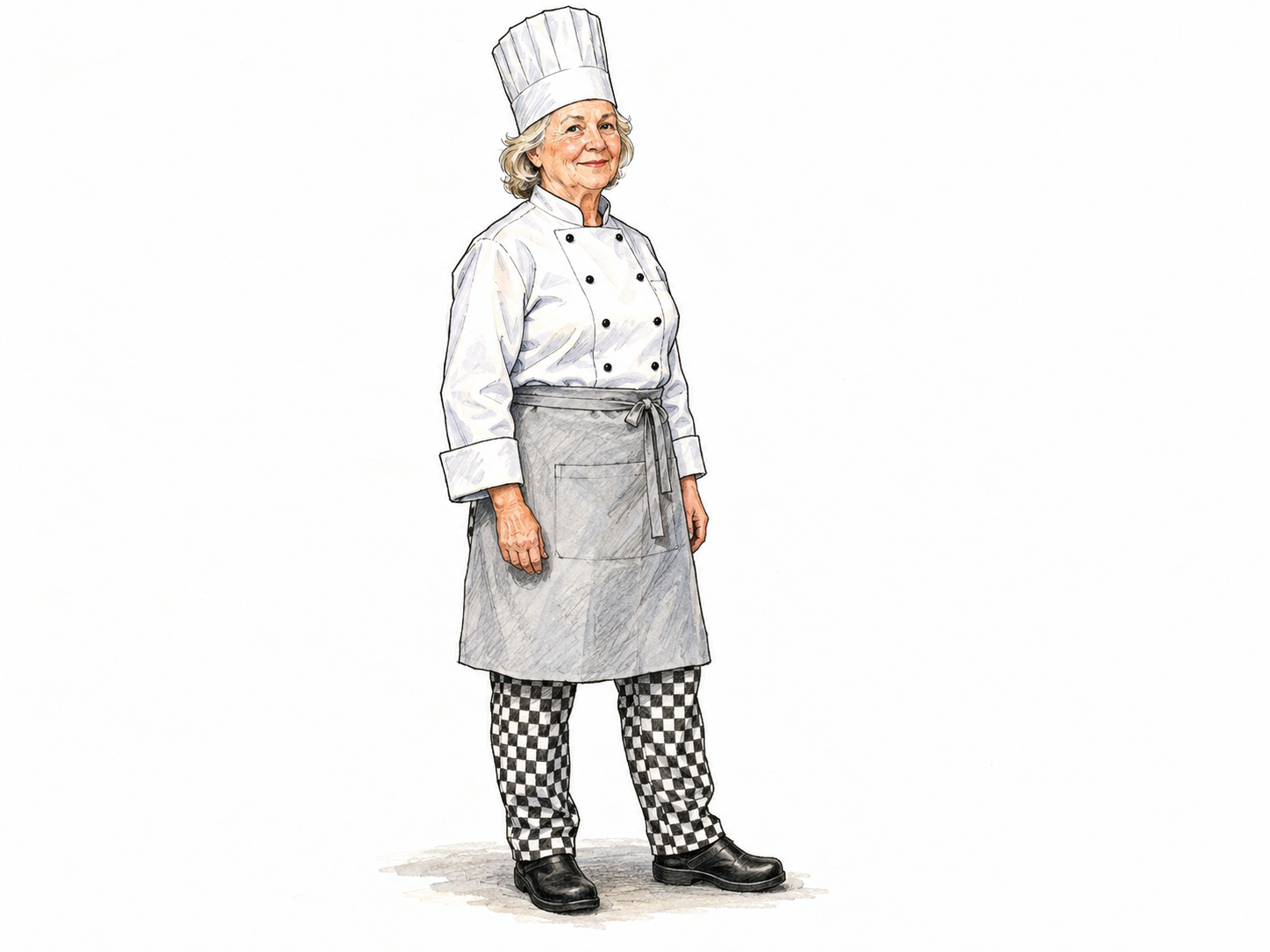 A full-length older woman wearing distinctive chef’s garb: a tall pleated white toque, double-breasted white chef’s jacket, waist apron, checked trousers and practical shoes.