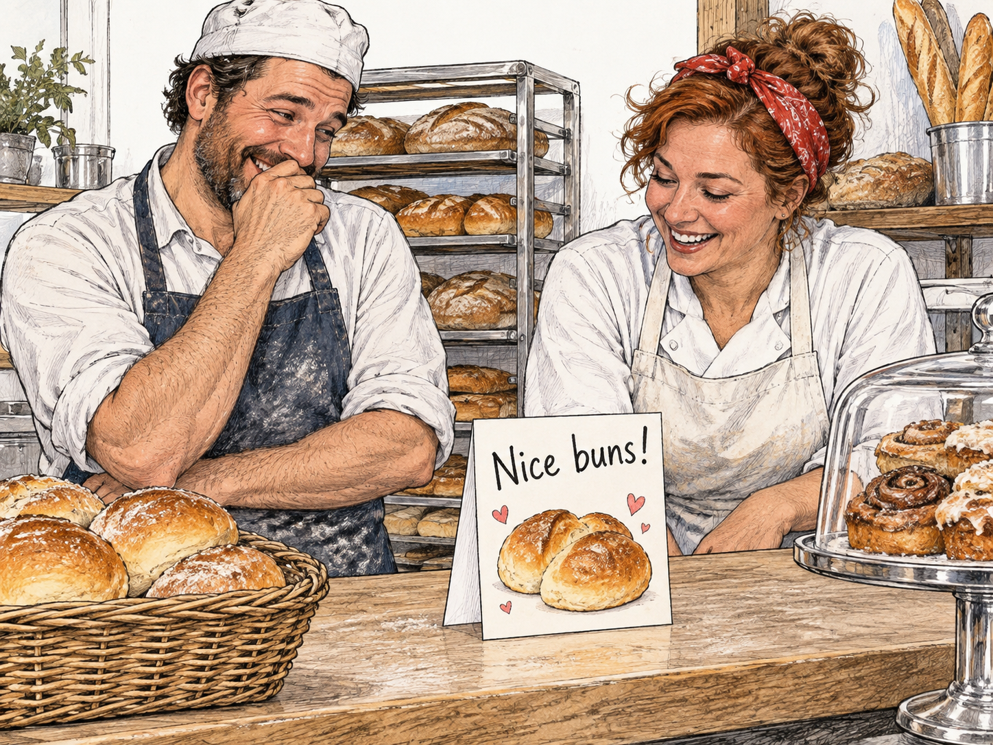 Bakers laugh at a mildly bawdy written double entendre.