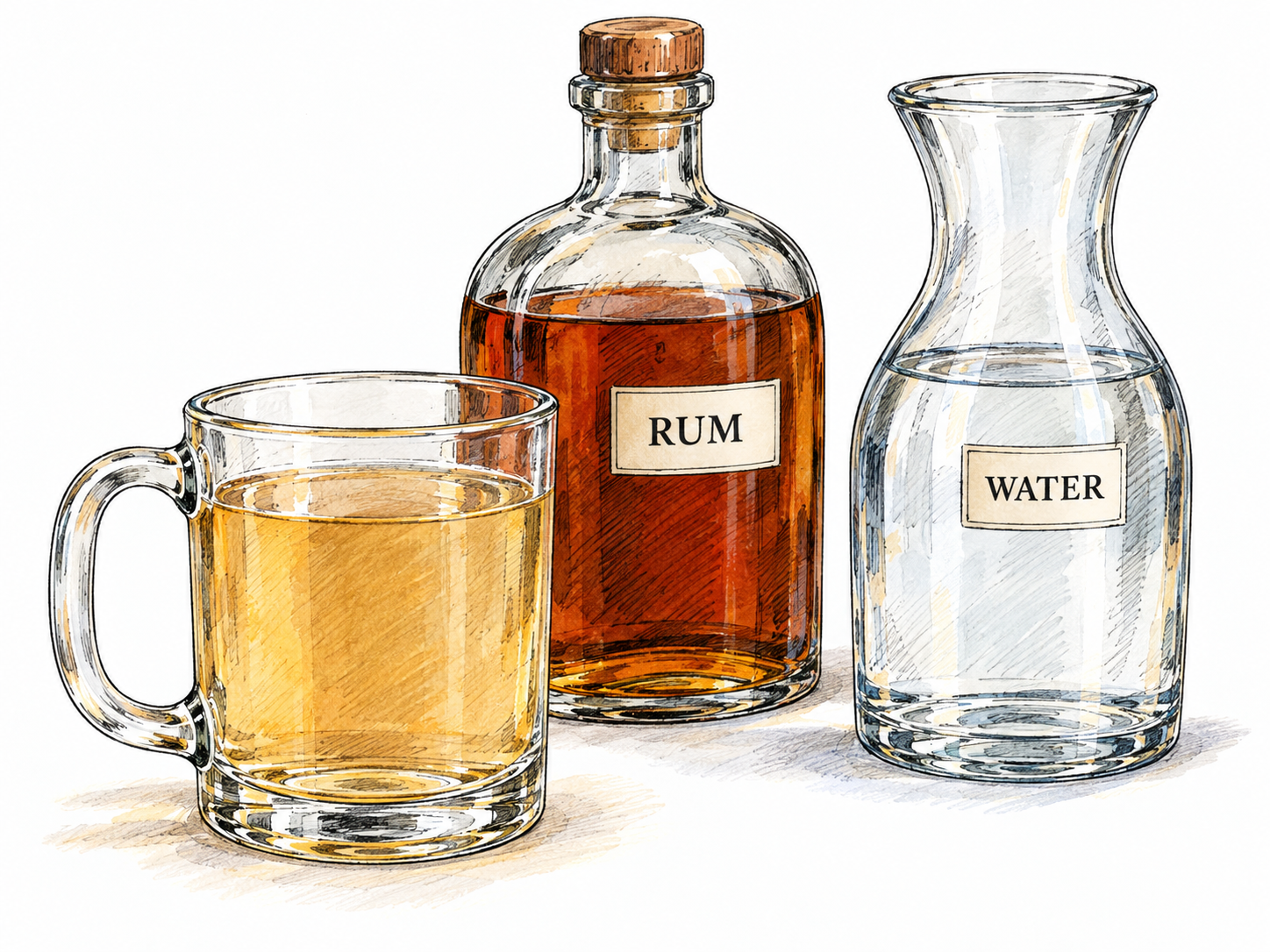 A simple ingredient-and-drink still life: a bottle marked RUM, a clear water carafe, and a plain glass mug containing pale amber watered rum.