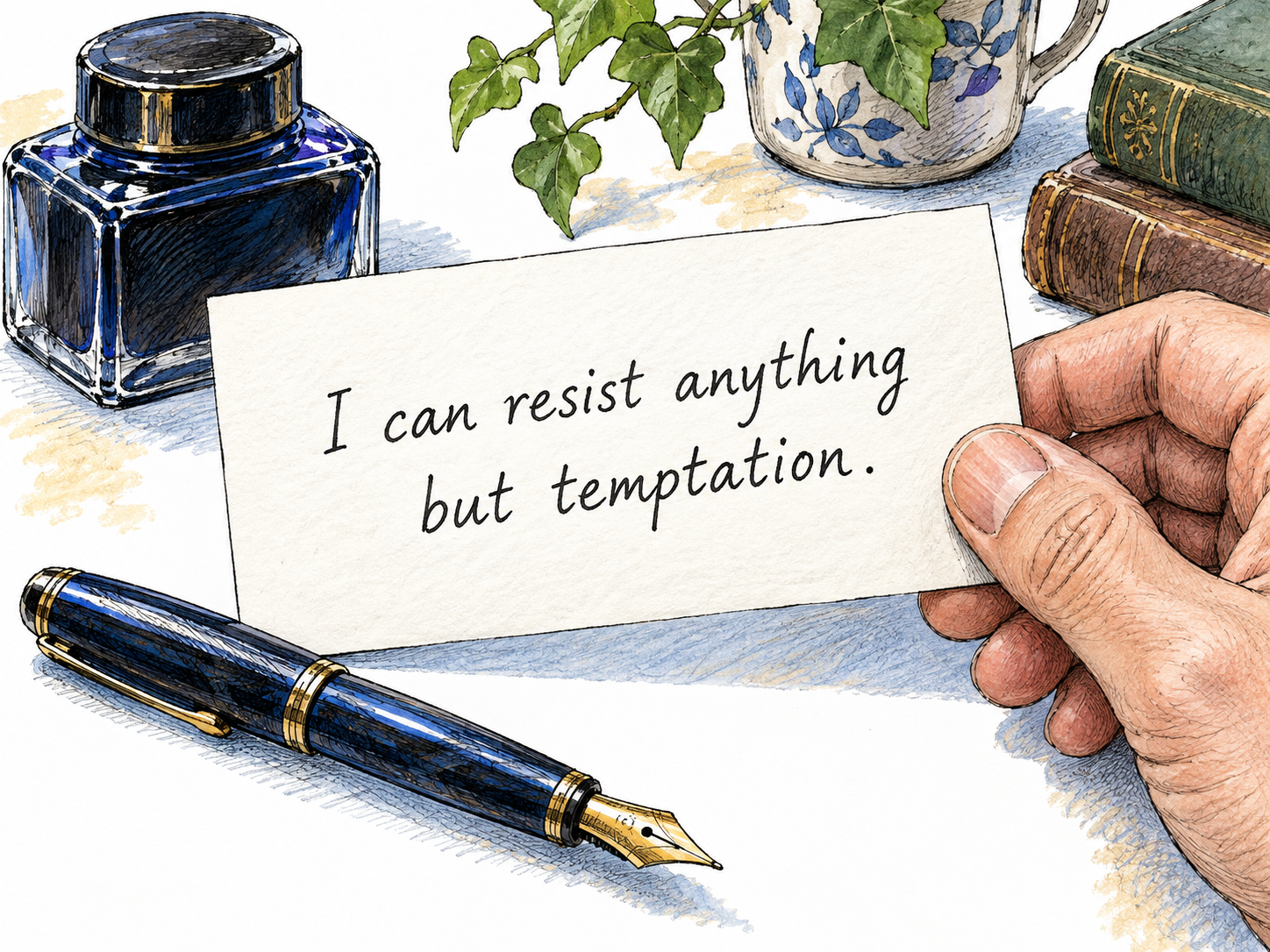 A short paradoxical written remark about resisting temptation.