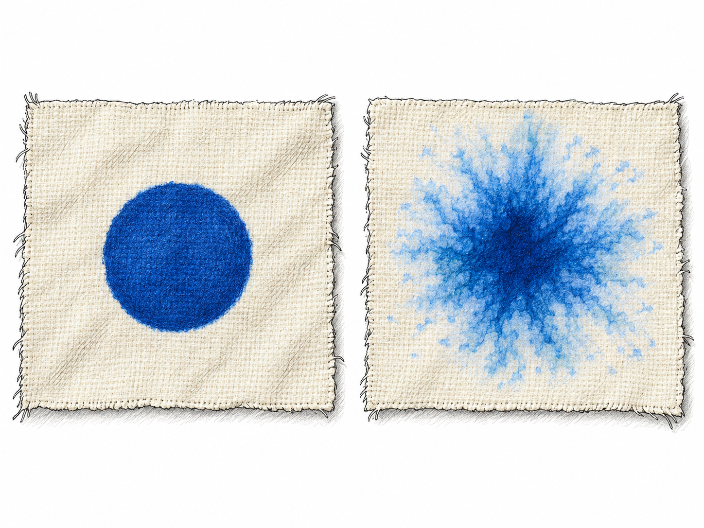 An indefinite boundary: compare a sharply bounded circular dye mark with a spreading dye stain whose irregular, diffuse perimeter has no clear stopping edge.