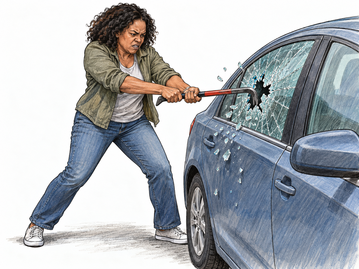 A street vandal forcefully smashing a parked car's side window with a crowbar, with the impact, shattered glass, and aggressive posture clearly visible.