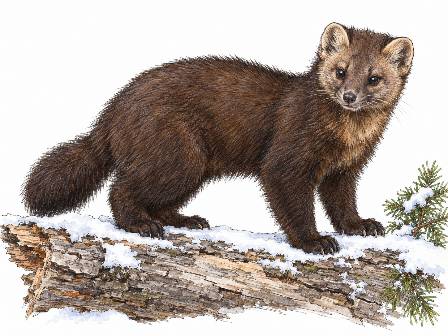 A single sable in winter taiga habitat, shown close enough to recognize its compact marten body, rounded ears, bushy tail and rich dark-brown fur.