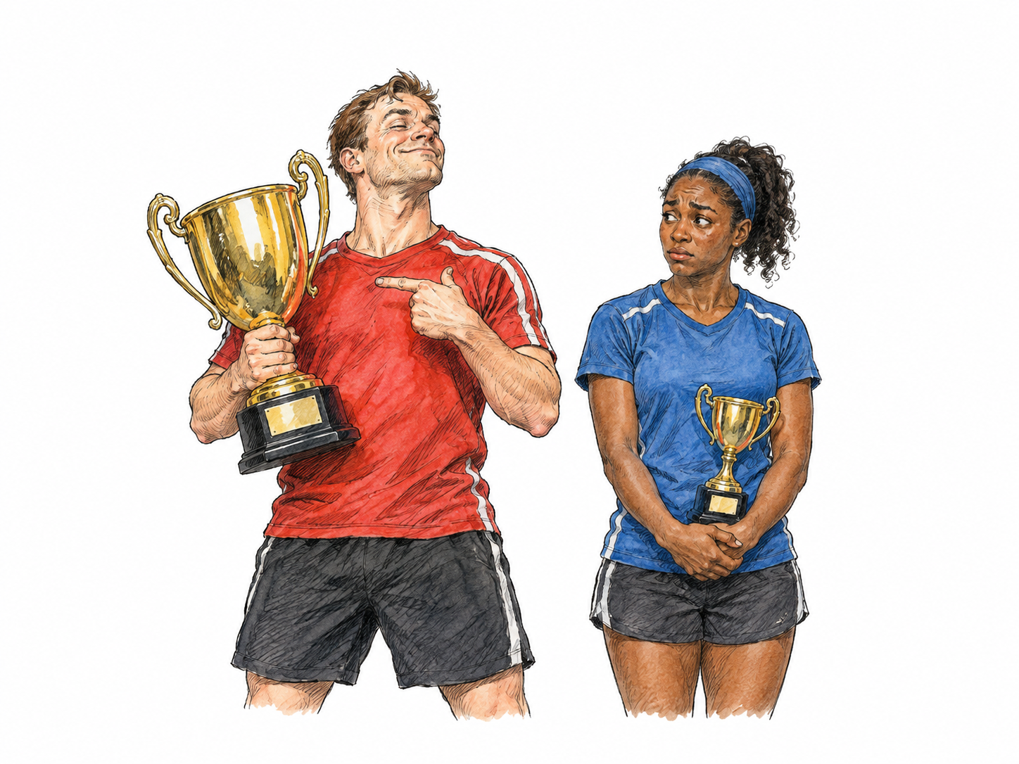 An adult amateur athlete boasts by pointing repeatedly at his own large trophy while a teammate stands awkwardly with a smaller trophy; show conspicuous self-display and lack of humility, fully clothed.