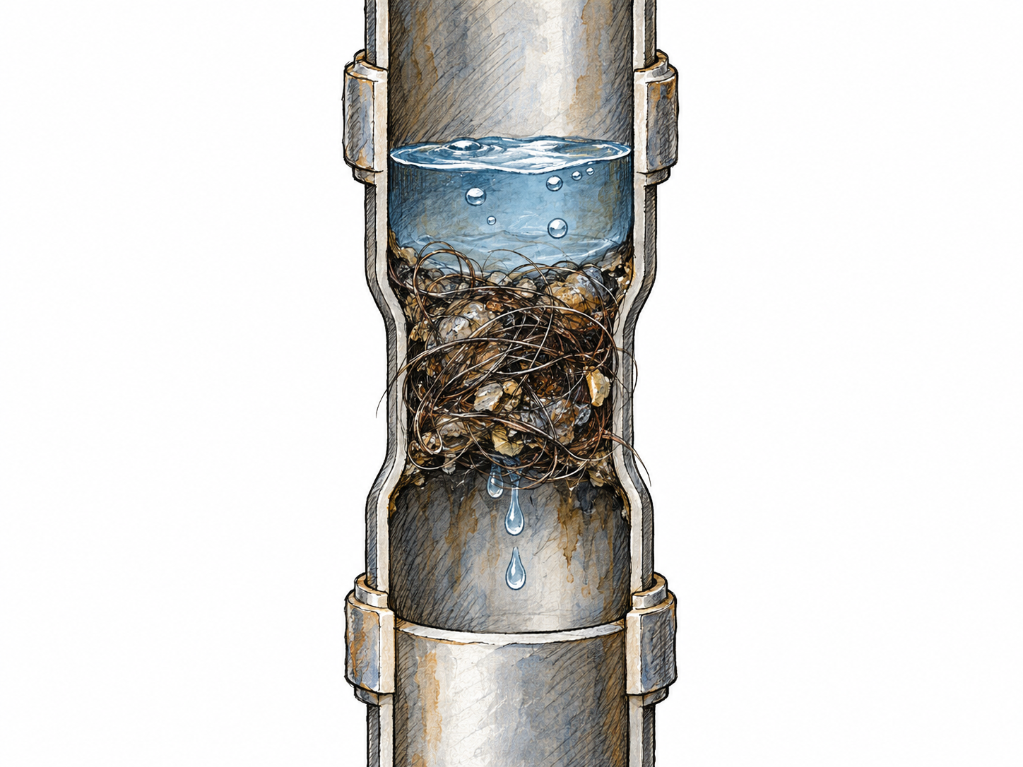 A close-up cutaway of a drainpipe clogged by a dense tangle of hair and debris, with water backed up above the obstruction and only a few drops escaping below.