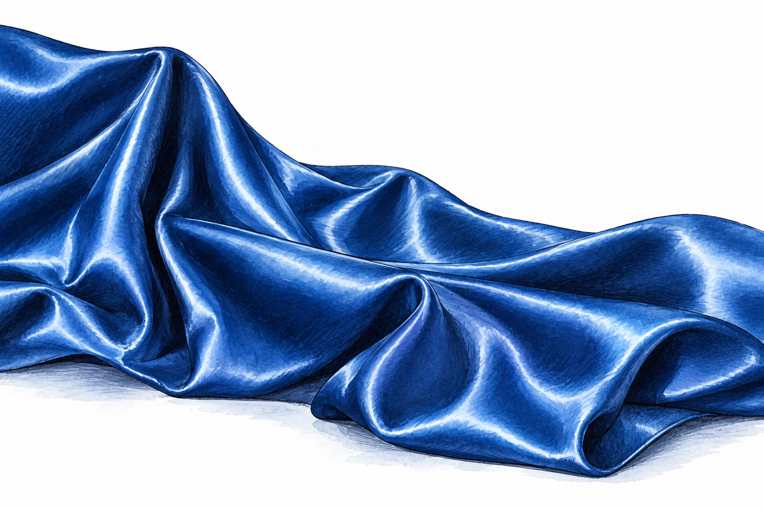 Rich blue satin fabric drapes in glossy smooth folds, lustrous highlights.