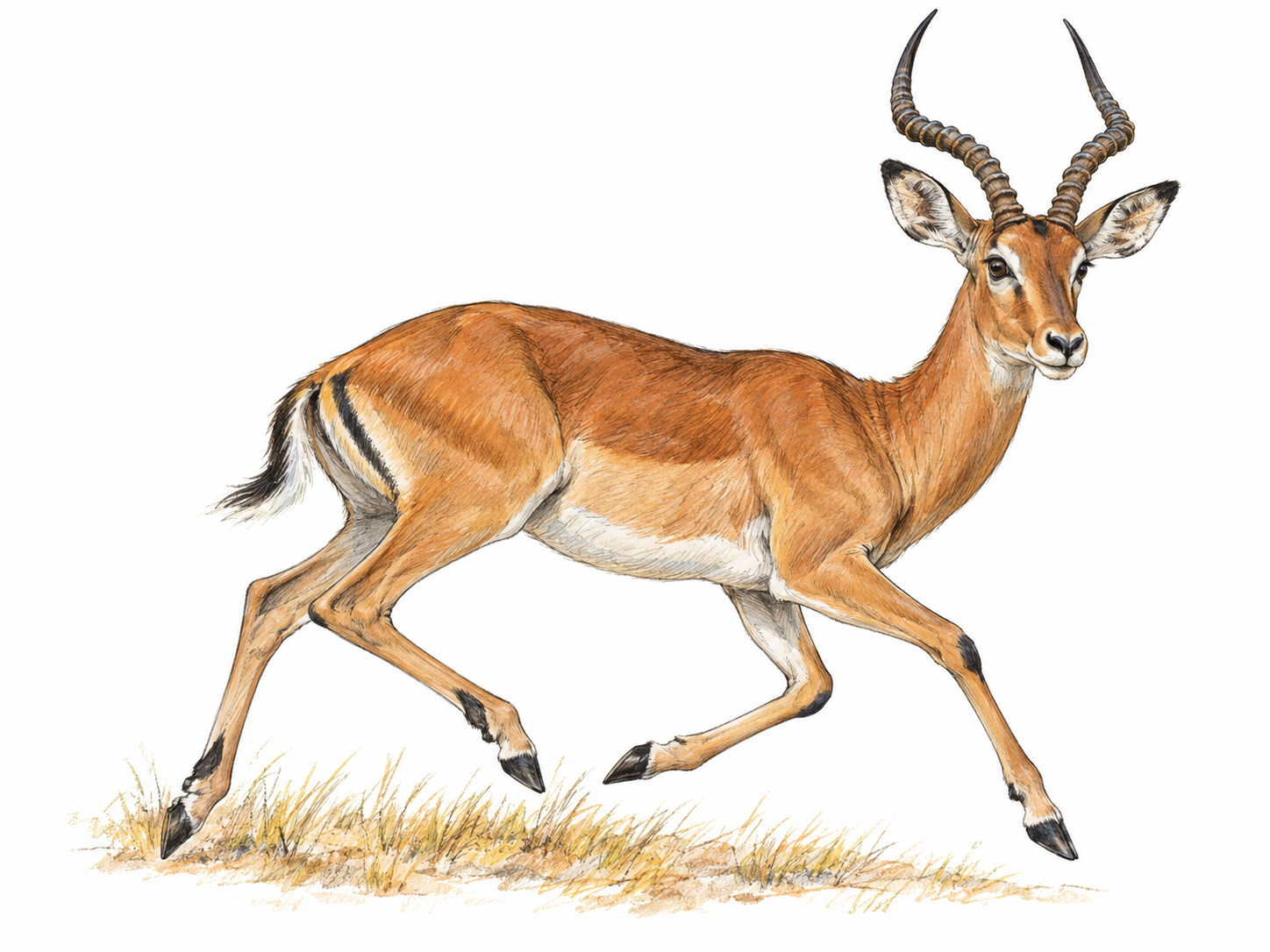 A single adult impala antelope in a natural running stride, with slender legs, cloven hooves, a tan coat, white underside, and long ridged lyre-shaped horns clearly visible.