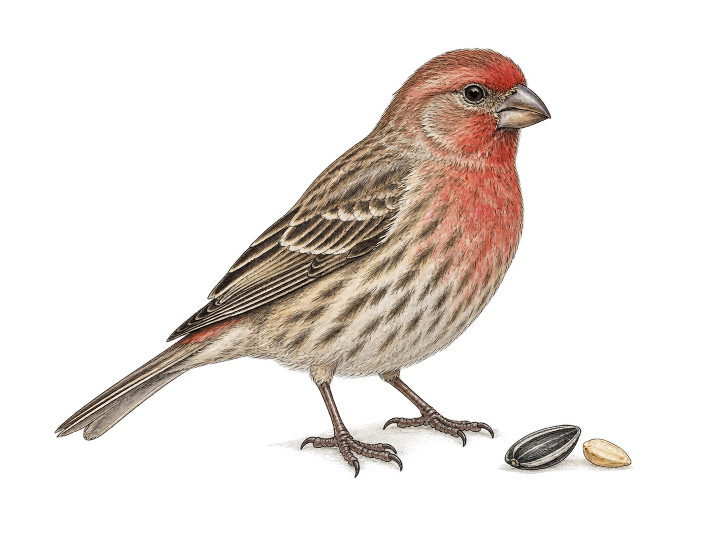 Small house finch perches beside two seeds, stout short conical bill and realistic brown streaked body with muted red male forehead/breast; natural ink ornithological portrait on white.