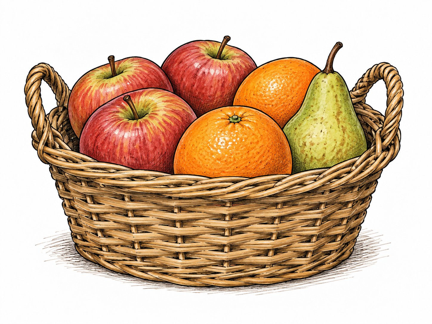 A fruit basket visibly contains apples, oranges and one pear as parts of its whole, inclusion by containment not social invitation.