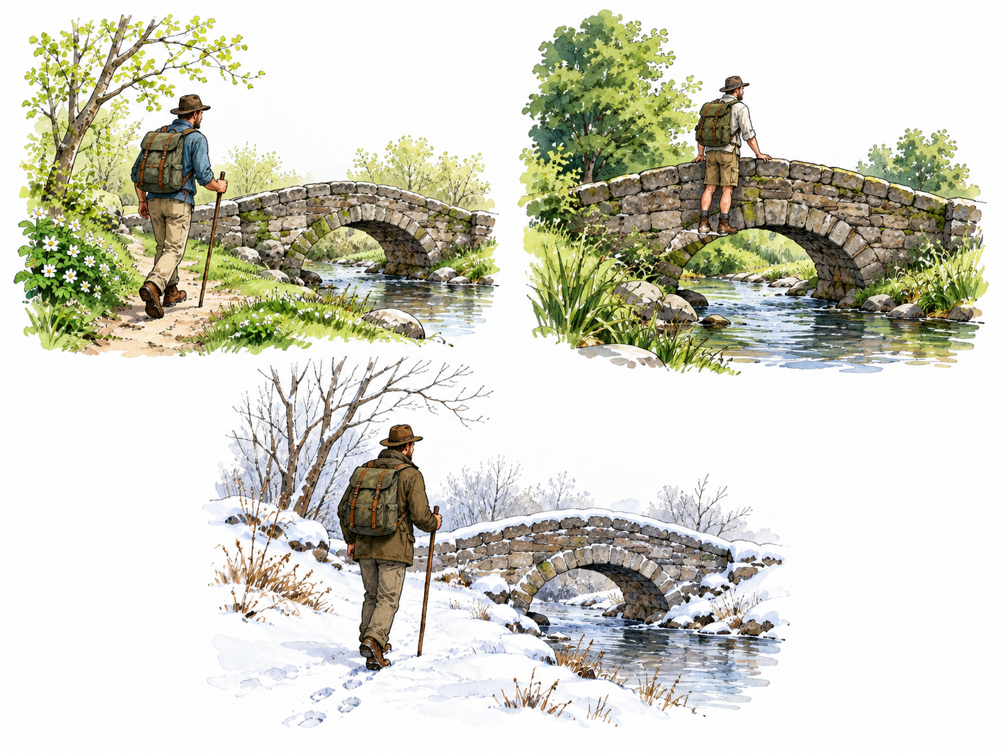 Three small literary countryside vignettes show the same traveler repeatedly returning to a familiar bridge in different seasons, frequent visits, no verse or labels.