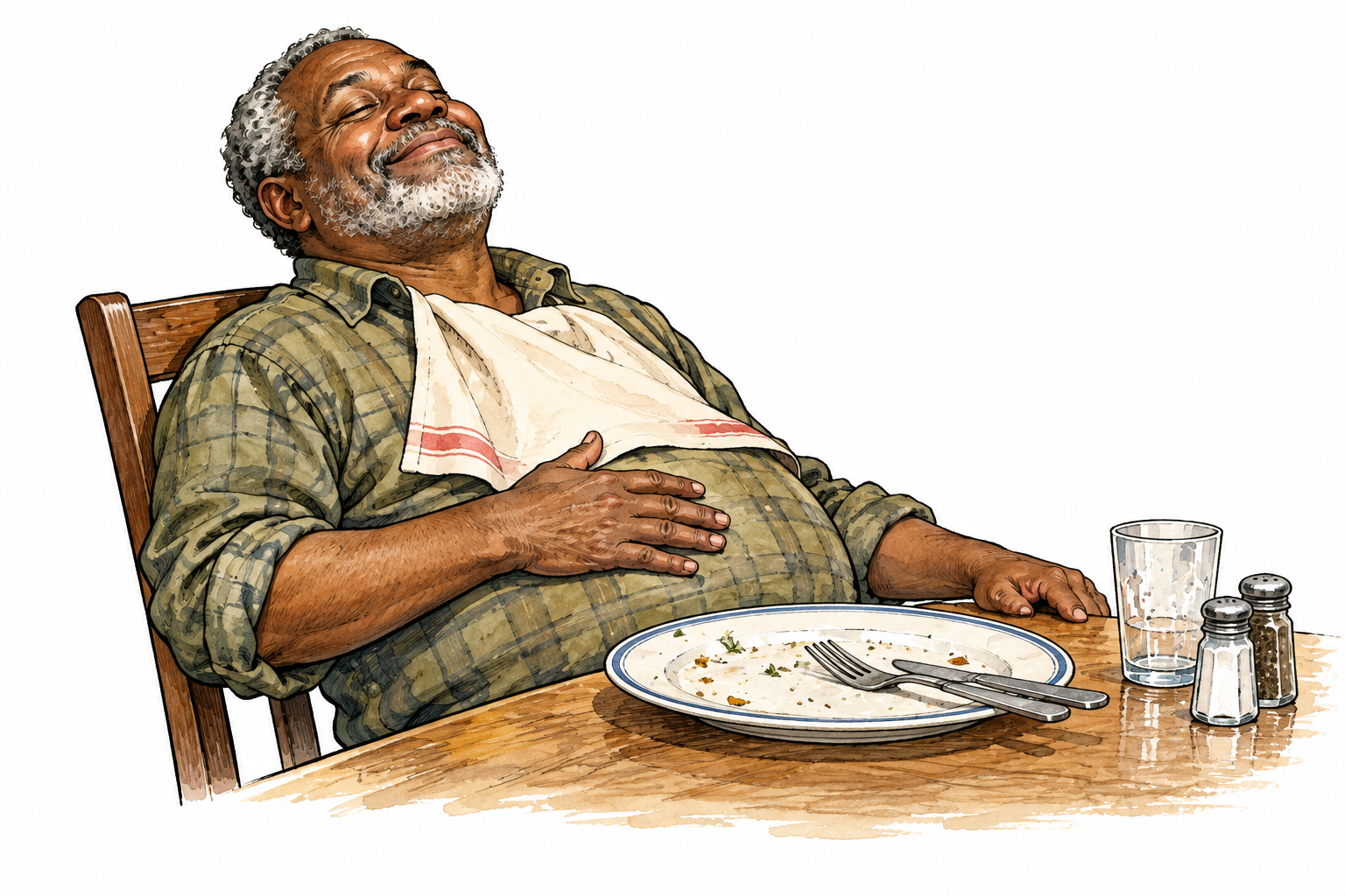 Content older Black diner leans back after a filling meal, empty plate and gently resting hand on abdomen.