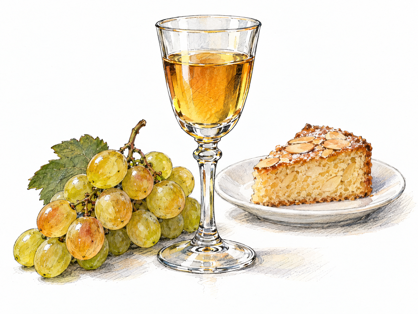 Muscatel presented as a sweet grape wine in a compact dessert-service still life: a small glass of golden-amber wine beside ripe muscat grapes and a modest slice of almond cake.