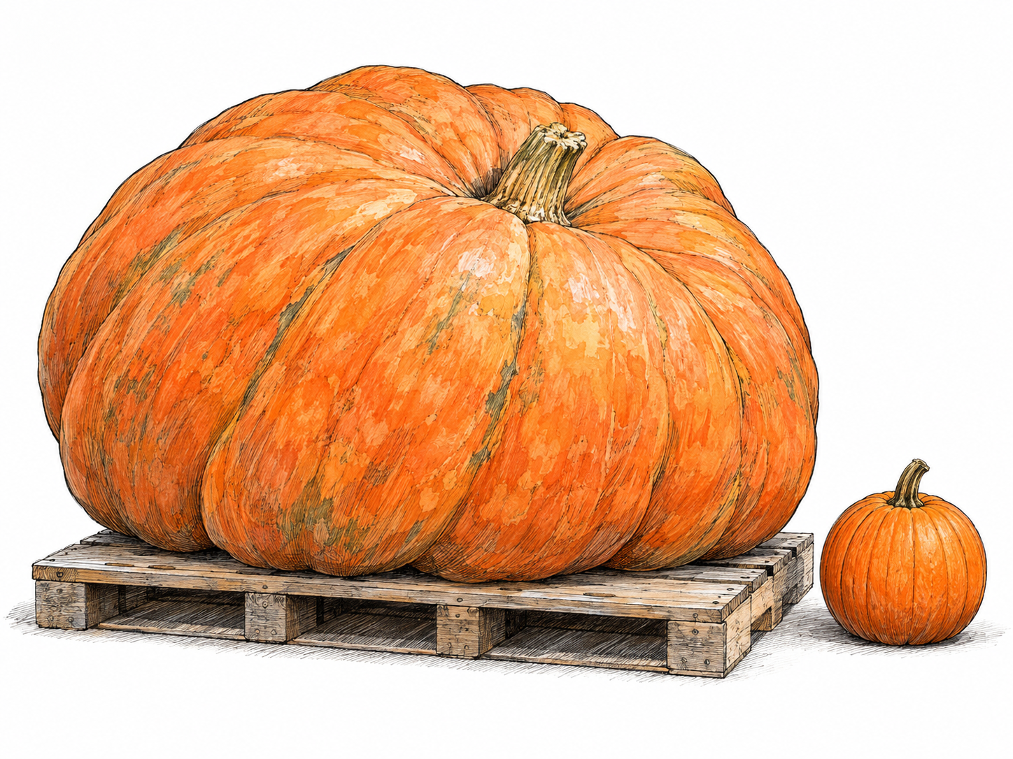 Sheer size: an exceptionally enormous pumpkin dwarfs an ordinary pumpkin beside it.