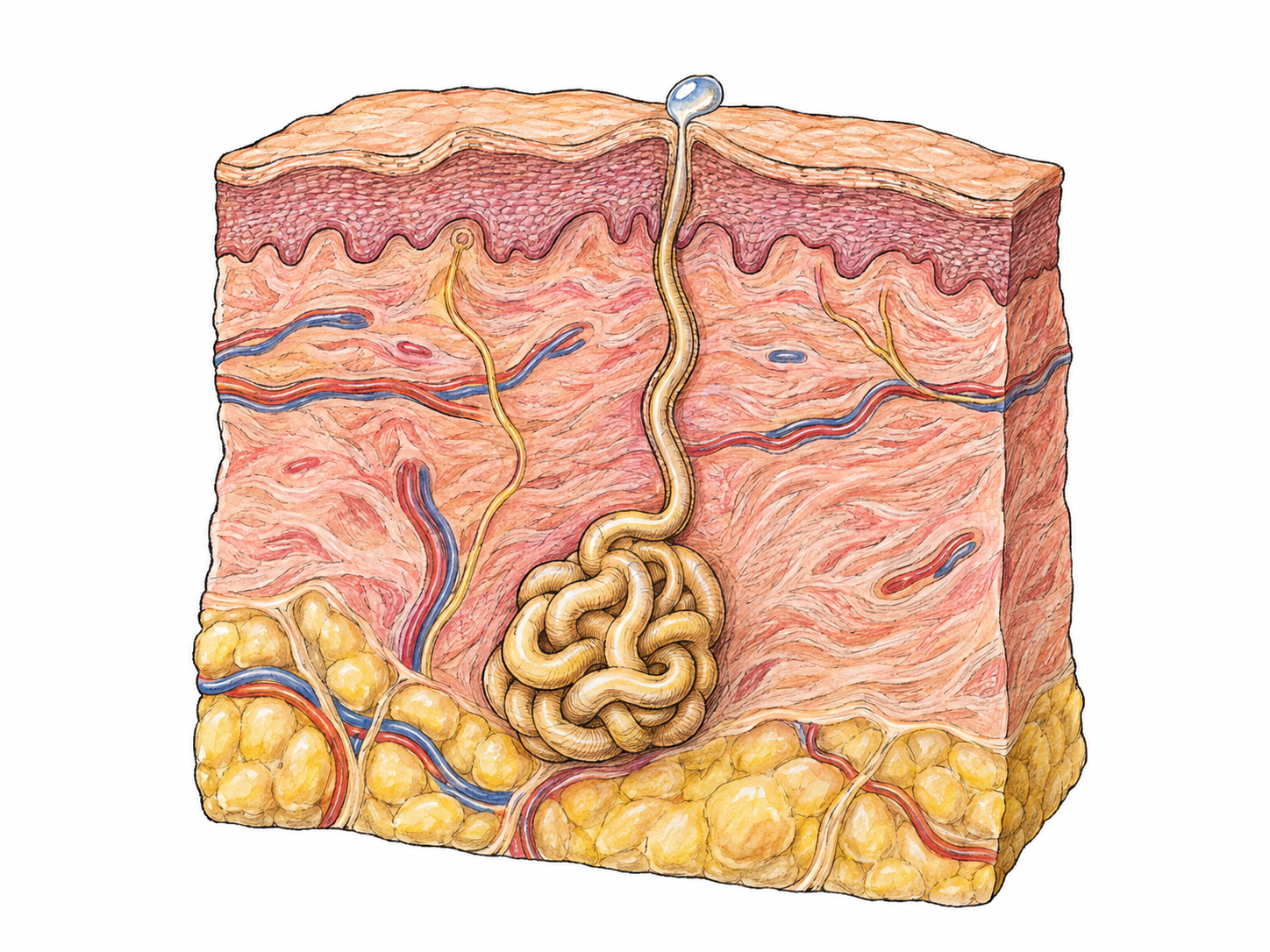 A close cutaway of skin showing a coiled sweat gland deep beneath the surface, its continuous duct opening at a pore, and a bead of sweat emerging directly from that pore.