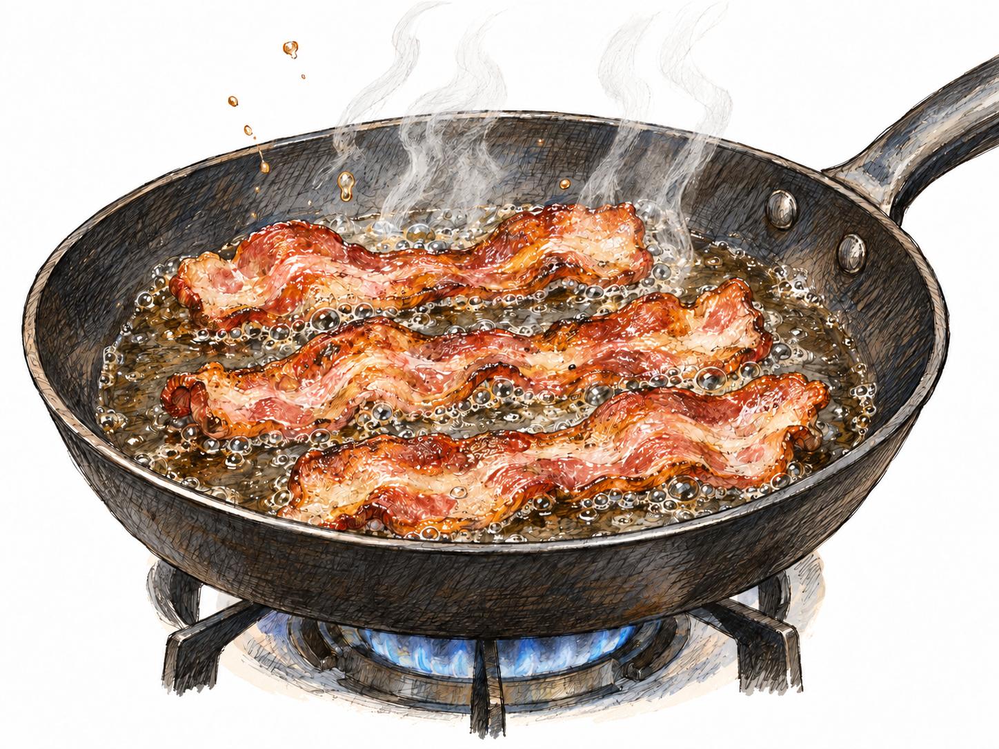 Close-up of bacon sizzling in a hot frying pan: dense tiny bubbles gather along the bacon edges, small droplets spit upward, and thin wisps of steam rise.