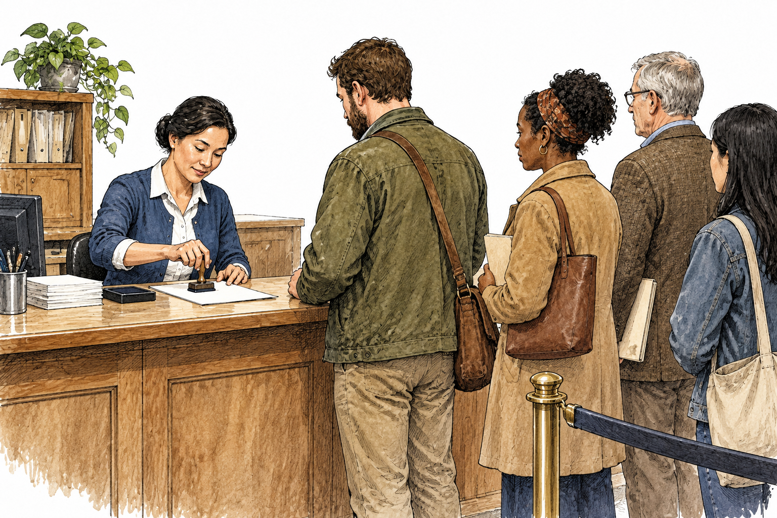 A routine clerk stamps an unlettered document at a service counter with patient applicants waiting, limited official duty.