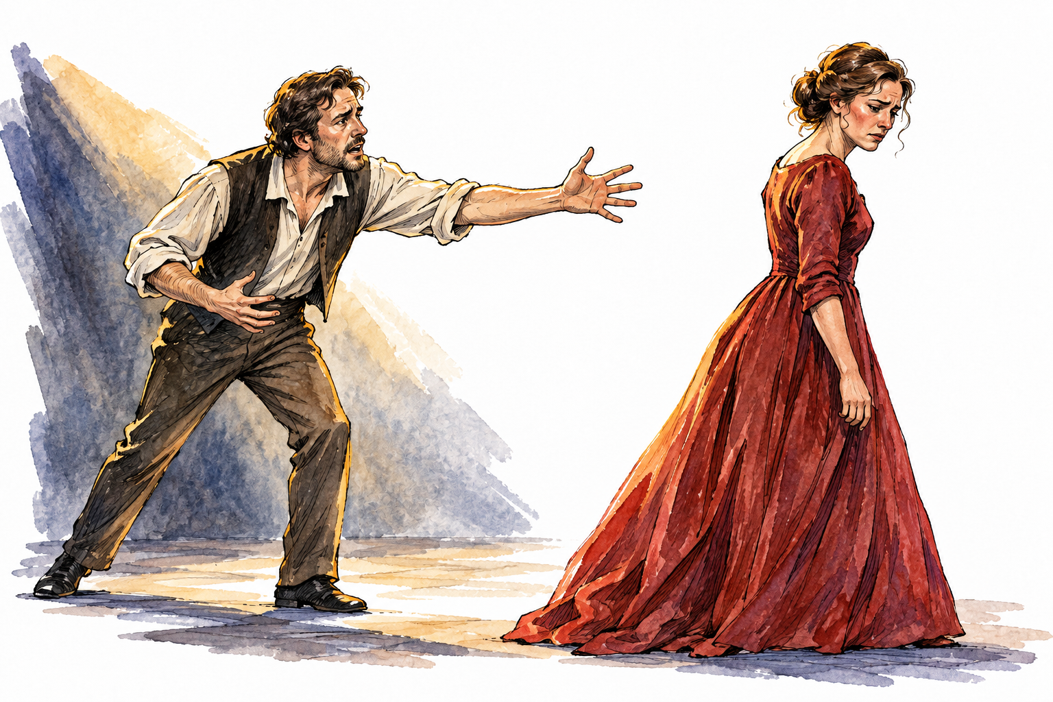 Two adult actors in an emotionally tense stage scene, one urgently reaches toward another who turns away, dramatic lighting and expressive faces, no violence or writing.
