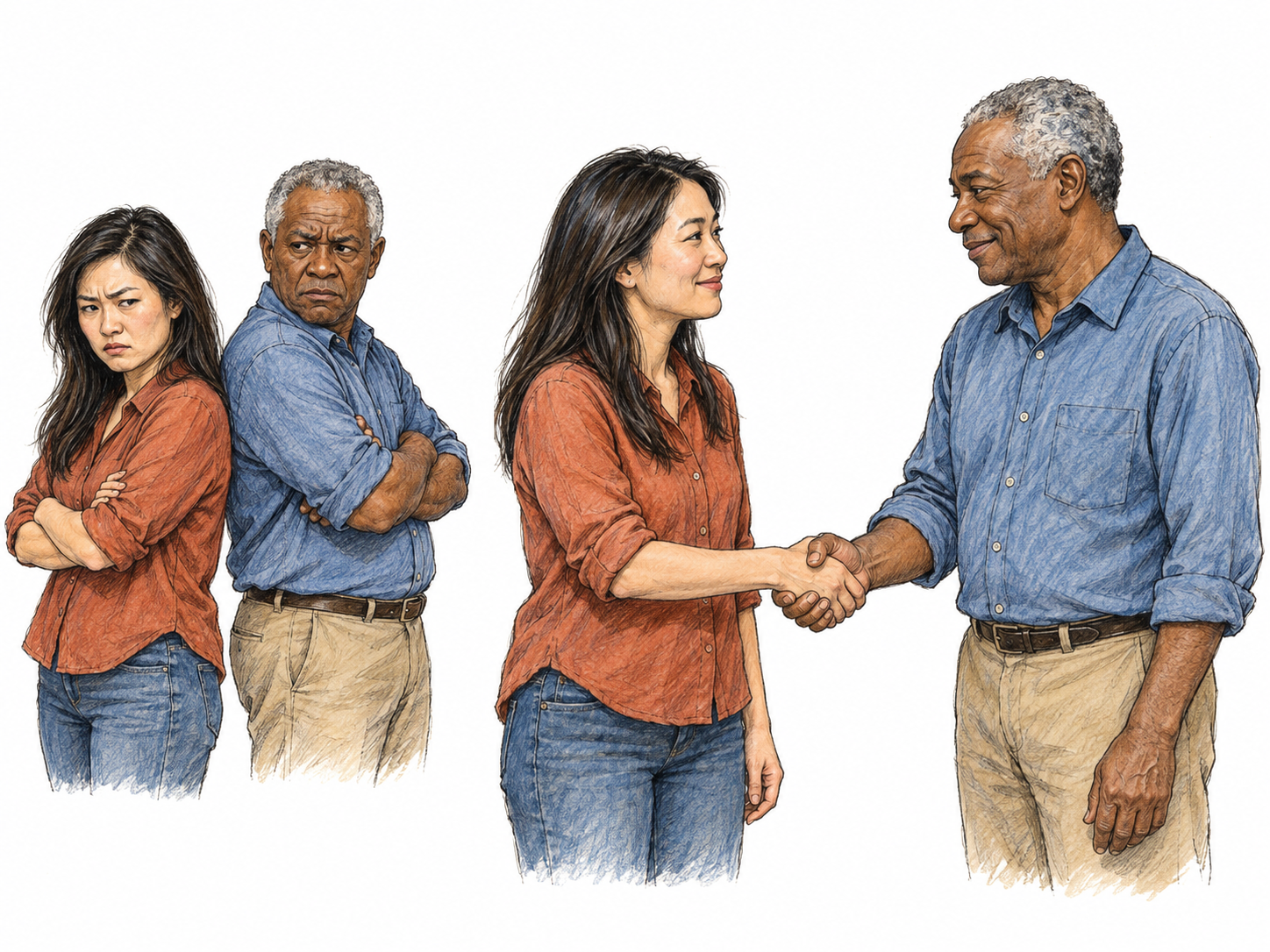 A text-free two-stage scene shows two estranged colleagues relaxing their hostility: first they turn away from each other with folded arms and angry expressions; then the woman offers her hand, and the man accepts with softened posture and a tentative smile.