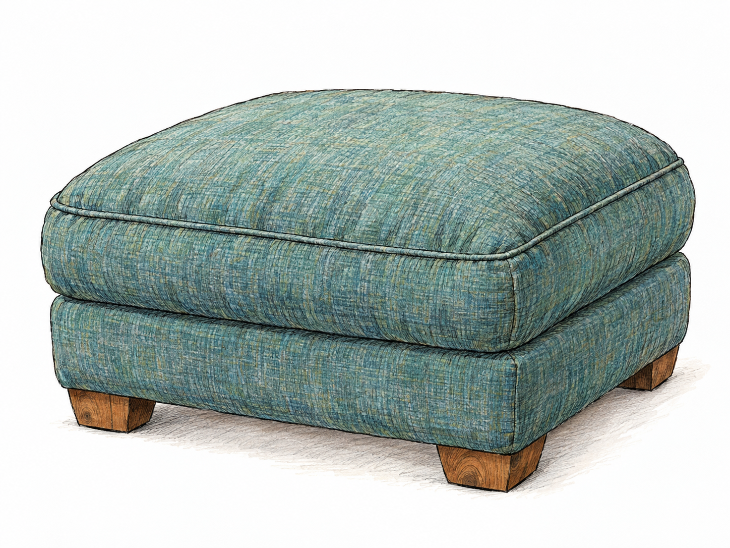 A single low, generously padded upholstered footstool, shown in three-quarter view with a thick cushioned top and short wooden feet.