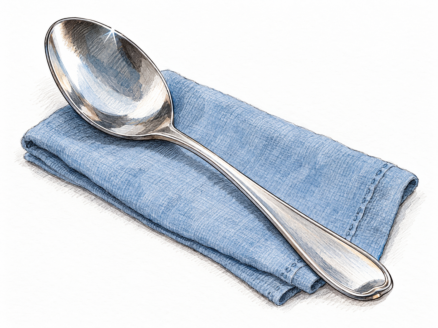 A polished silver spoon rests on a muted blue cloth, with one small, bright gleam on its curved rim.