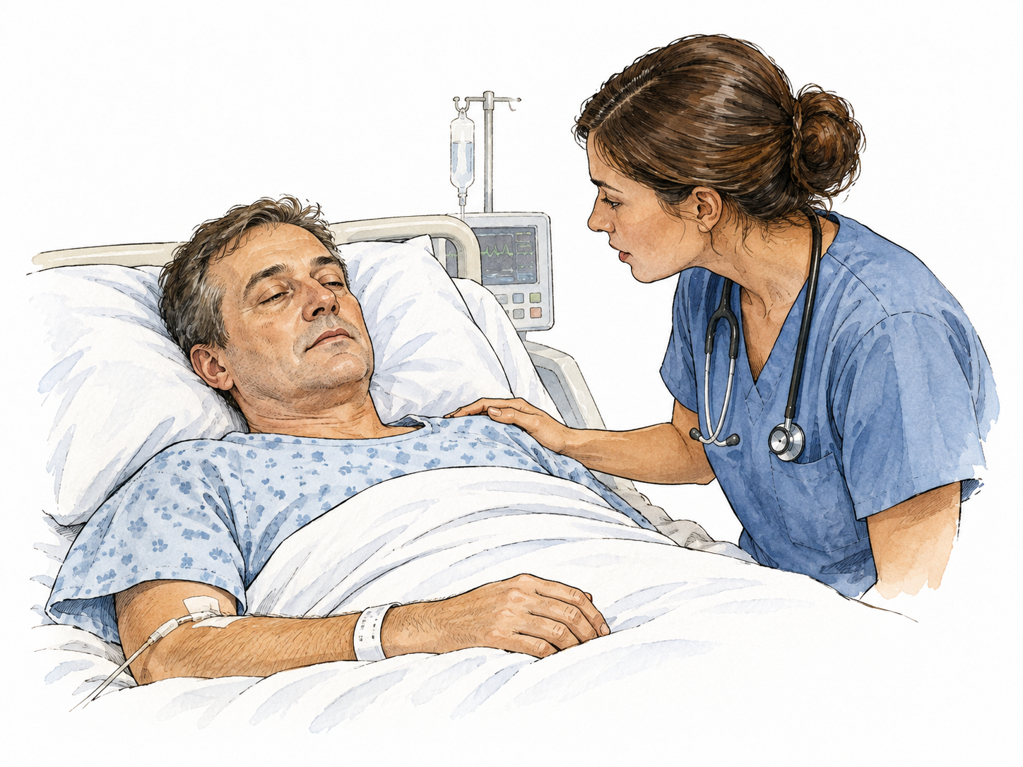 A drowsy adult patient with partly open eyes rests on a recovery-room bed while a nurse checks awareness, calm non-graphic.