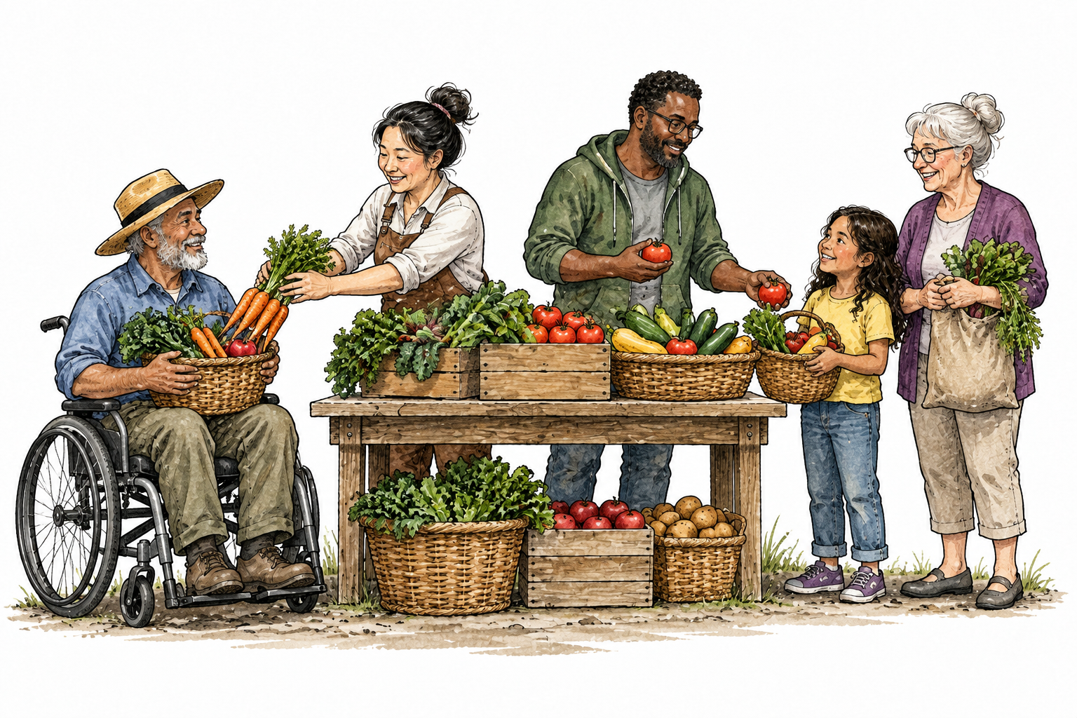 Diverse neighbors fairly divide harvested produce according to household needs.