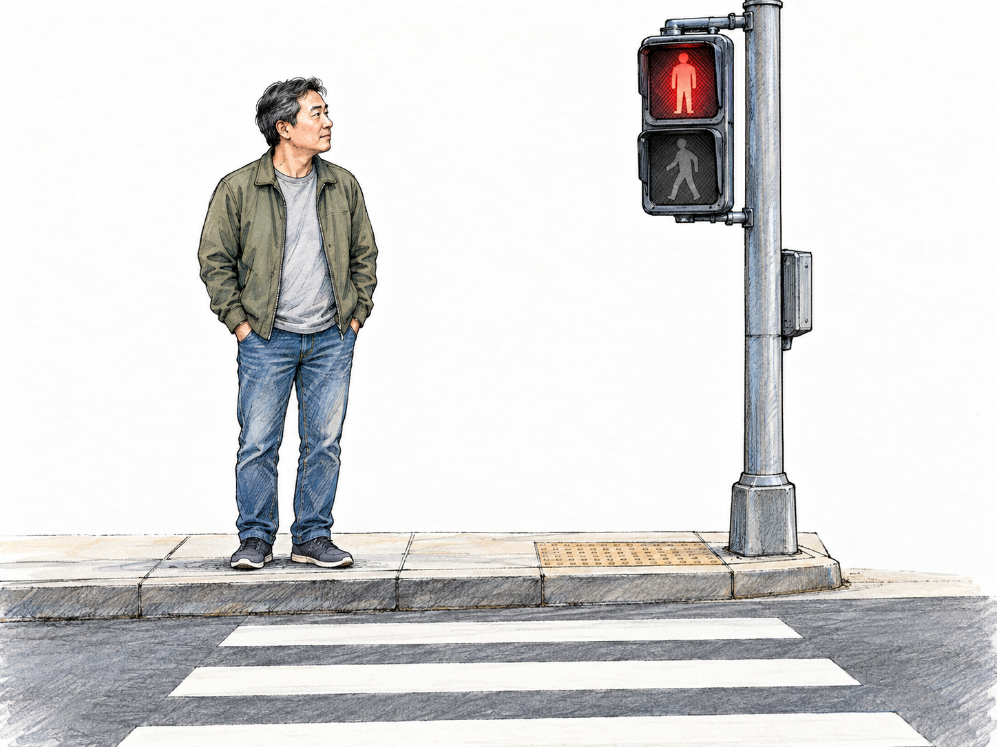 A pedestrian faithfully observes a crossing rule: he waits behind the curb beneath a red pedestrian stop signal even though the small visible stretch of road is empty.