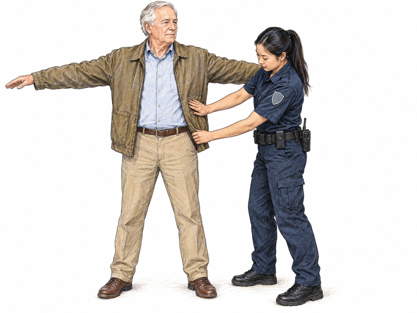 A security officer pats down the outside of a visitor's jacket and waistband while he stands with his arms extended, visibly searching clothing rather than greeting or assisting him.
