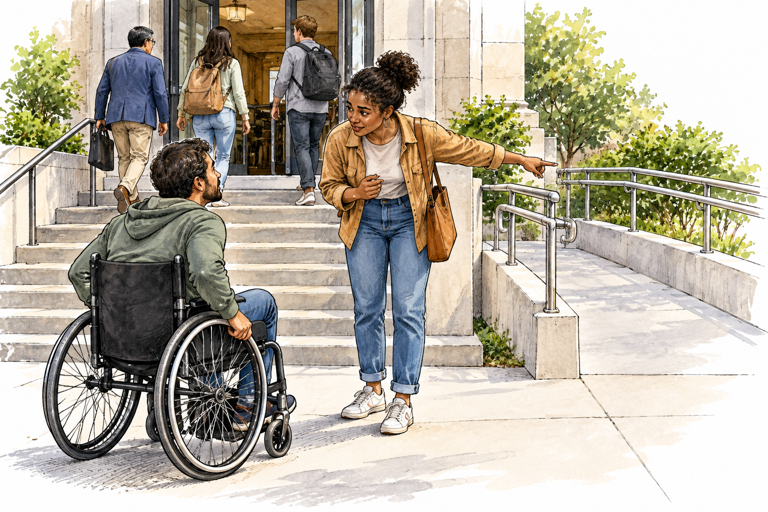 A thoughtful modern adult notices unequal access: a wheelchair user faces stairs at a public entrance while others easily enter; the observer compassionately points toward a nearby ramp and discusses making access fair.