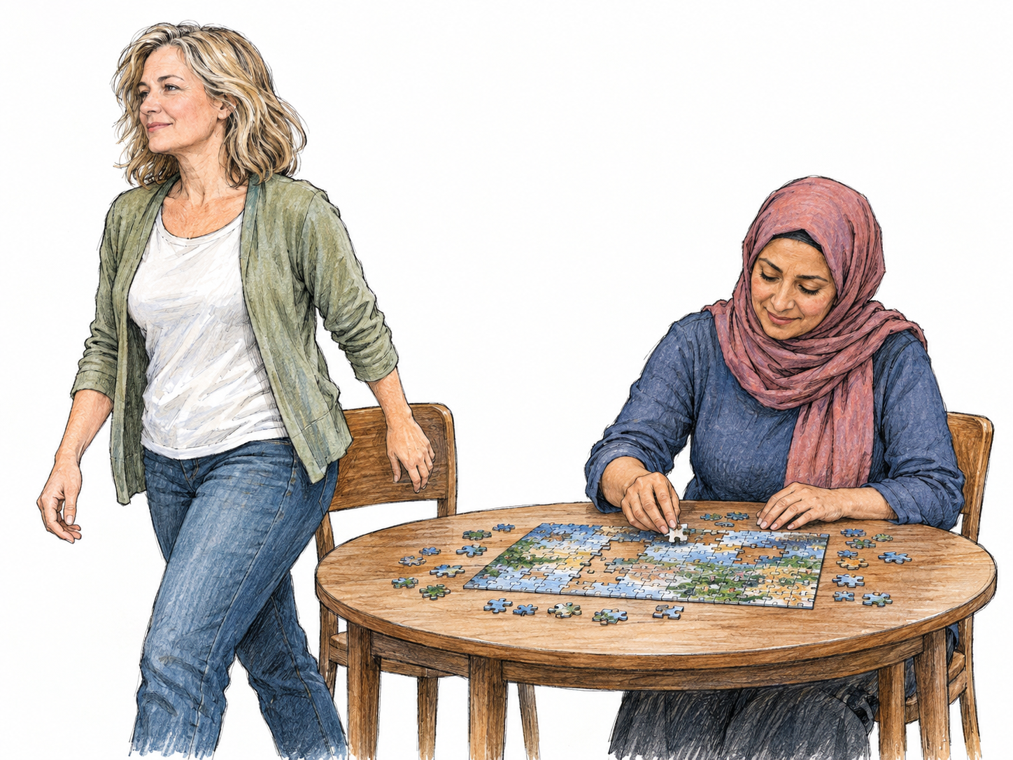 A woman steps away from a shared tabletop puzzle, drawing her empty hands back while her companion continues fitting a piece, making withdrawal from a joint activity concrete.